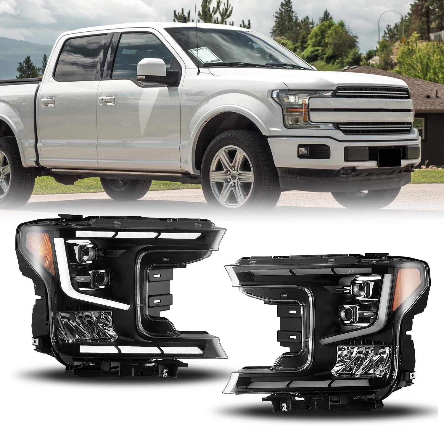 CPW Headlight Assembly Fit For 2018 2019 2020 Ford F150, Projector Head Lamp w/LED Sequential Turn Signal Light/DRL/High & Low Beam/Amber Position Light (Chrome Housing Clear Lens)