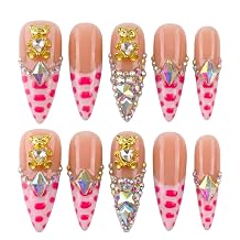 Long Stiletto Handmade Press on Nails - Pink Leopard Print Acrylic Fake Nails with 3D Bear Crystals, Y2K Baddie Reusable False Nails for Women 10 PCS Size M