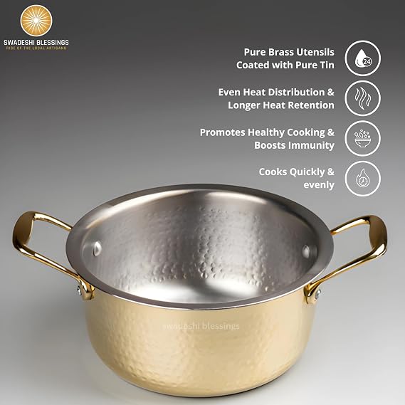 Swadeshi Blessings Exclusive Range Brass Pot for Cooking with Lid/Teflon-Free/Naturally Non-Stick Brass Utensils with Tin Coating (2 litres)