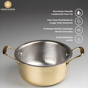 Swadeshi Blessings Exclusive Range Brass Pot for Cooking with Lid/Teflon-Free/Naturally Non-Stick Brass Utensils with Tin Coating (2 litres)