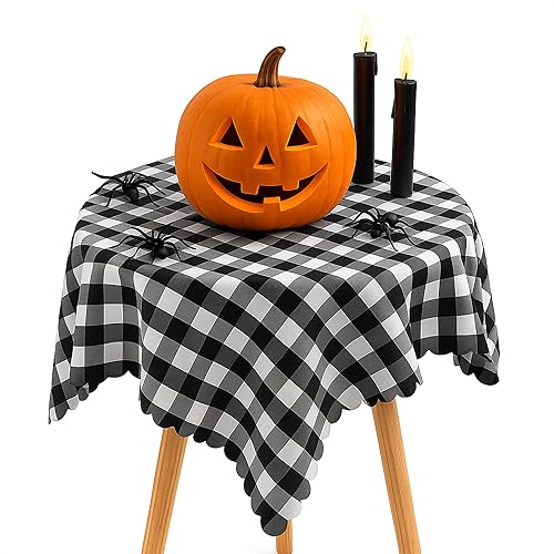 Reluen Mantel cuadrado de cuadros de búfalo blanco y negro, mantel de poliéster lavable, para el hogar, la cocina, el exterior, la mesa de comedor,