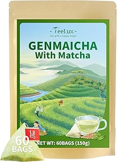 TeeLux Genmaicha Tea Bags, Genmai Cha with Sencha Green Tea, Matcha and Roasted Brown Rice, Premium Genmai Cha, Smooth Taste, 60 Count