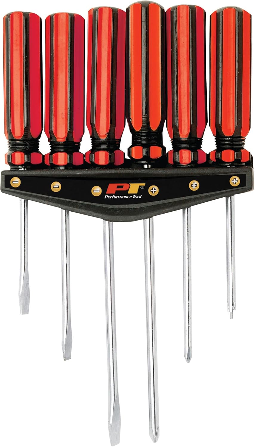Performance Tool W1785 6 Pc. Screwdriver Set - Phillips, Slotted, Alloy Steel Shafts, Chrome-Plated, Fluted Handles, Added Length for Hard-to-Reach Fasteners, Red/Black