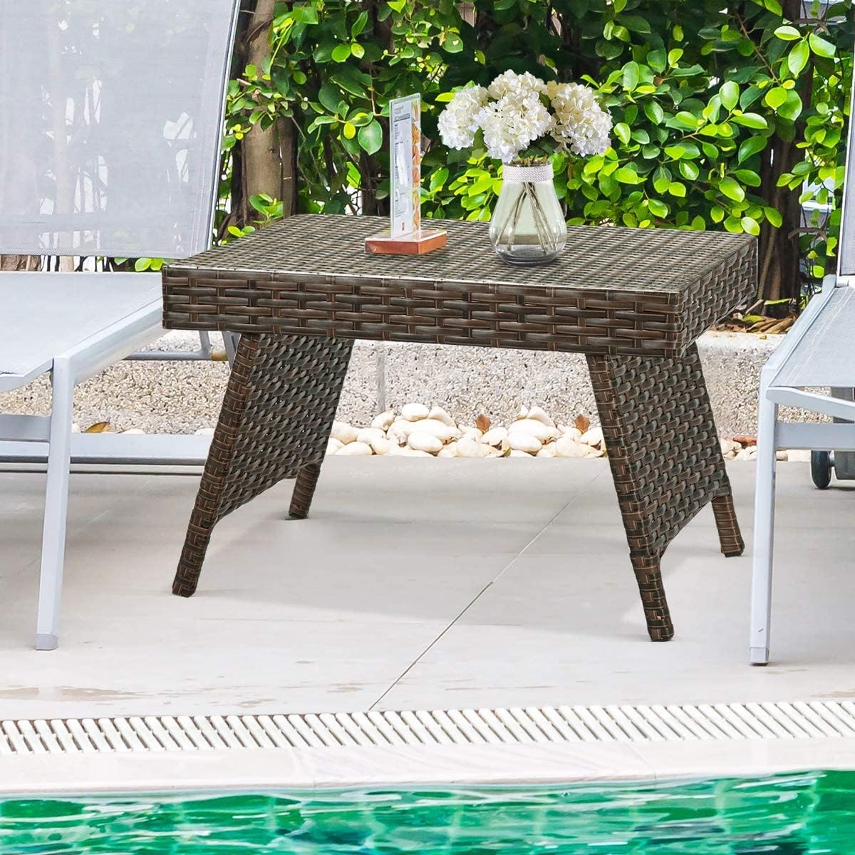 LUARANE Folding Rattan Standing Coffee Table, Portable Outdoor Wicker Table, Suitable for Patio Poolside Lawn Garden Balcony