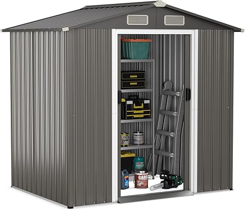 Giantex Cobertizo de almacenamiento al aire libre de 6 x 4 pies, doble puerta corrediza, 4 rejillas de ventilación delantera y trasera,