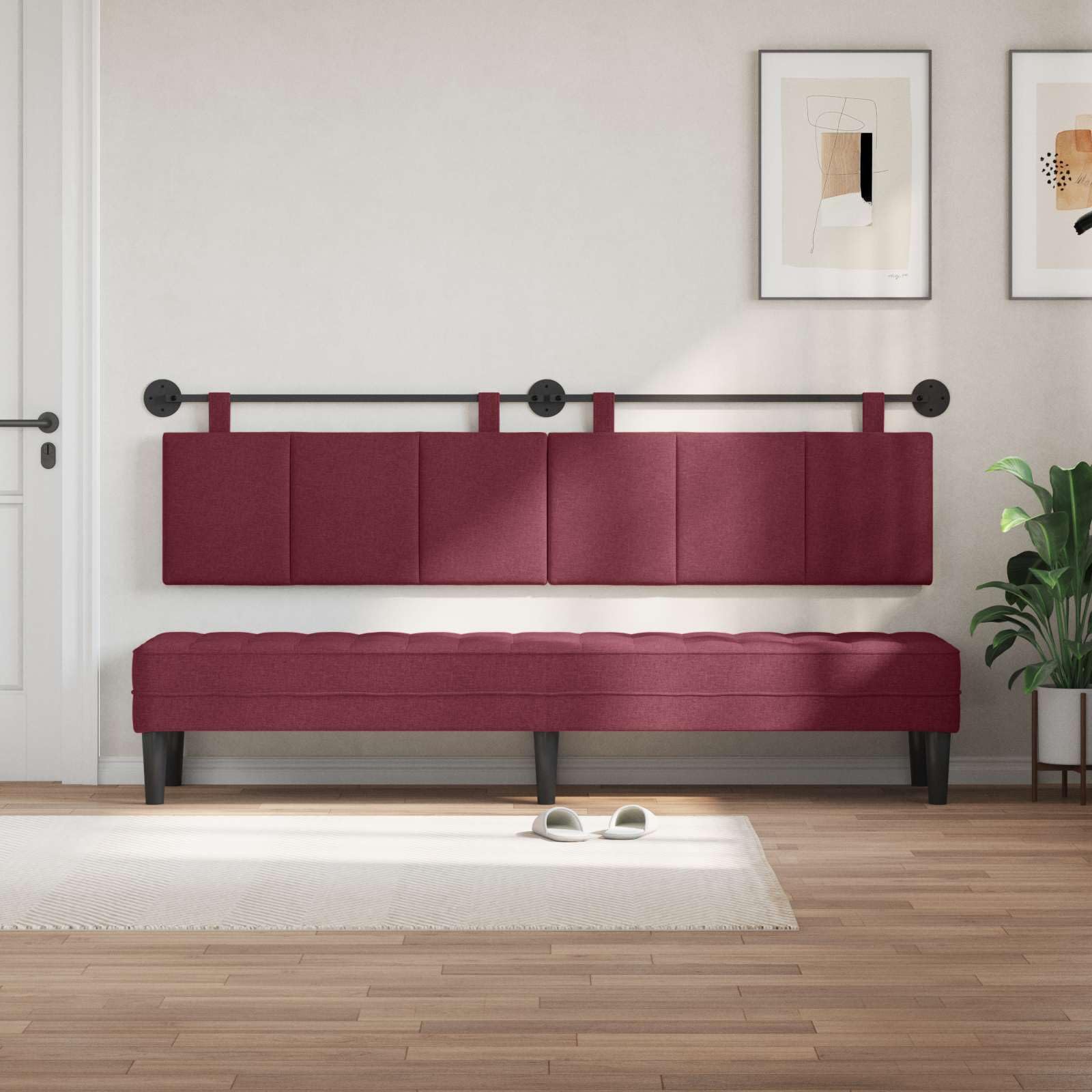 Wiszący zagłówek w kolorze czerwonego wina, materiał z tapicerką, montaż ścienny, szerokość 210 cm, nowoczesne wzornictwo, trwały poliester, łącznie z materiałem montażowym do sypialni