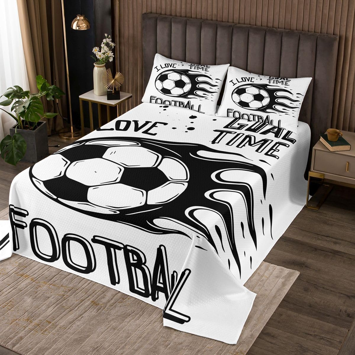 Football Quilt Set Soccer Coverlet Set Sports Bedding Twin for Boys Girls Gamer Gaming Bed Spread Black and White Bed Set 2 Piece with 1 Pillow Sham Grunge Room Decor Aesthetic, Breathable