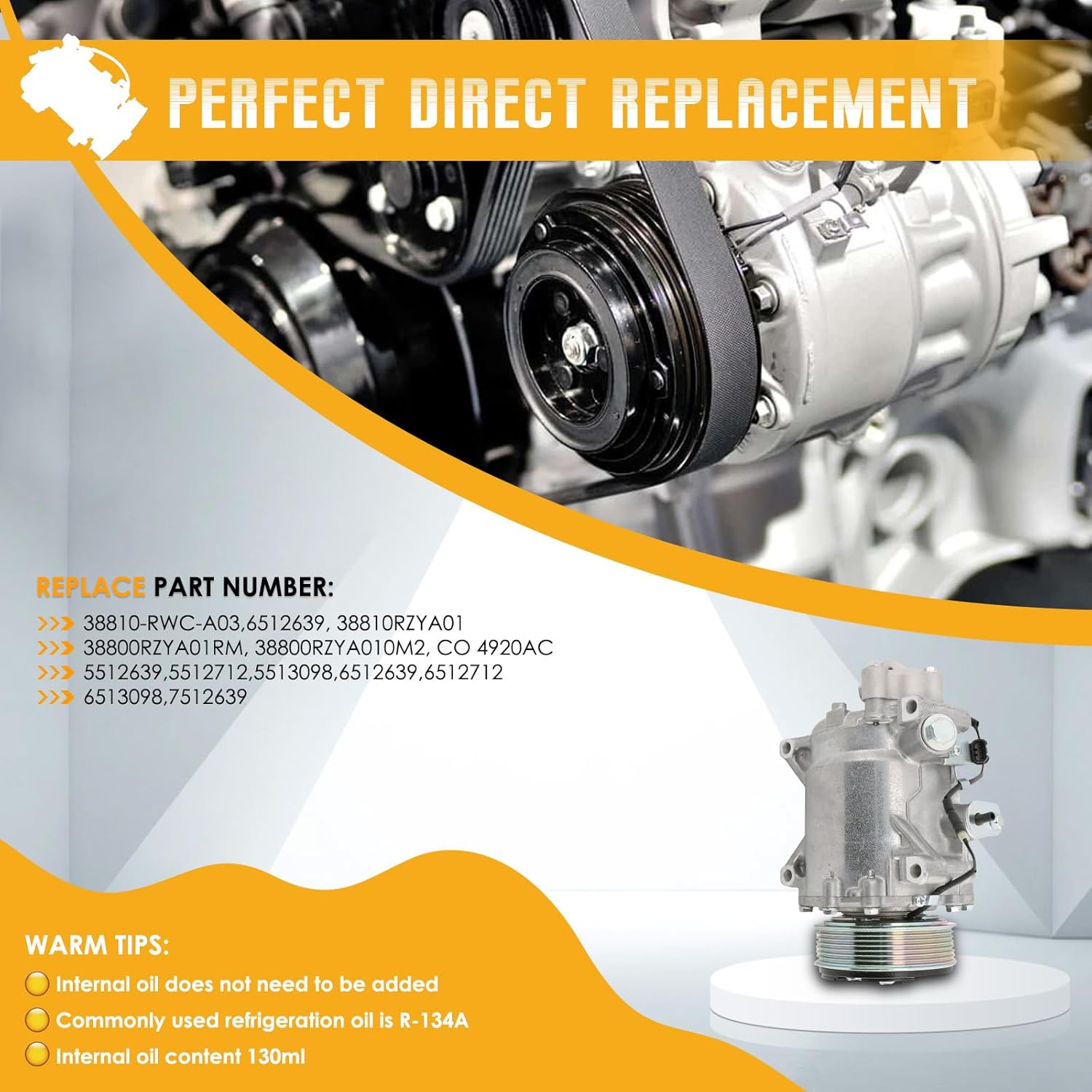 A/C Compressor Air Conditioning Compressor Compatible with Honda Civic CRV 2.4L 2007-2011,Compatible with Acura ILX RDX 2.3L 2.4L, Replace Part No. 38810RZYA01 38810-RZY-A01