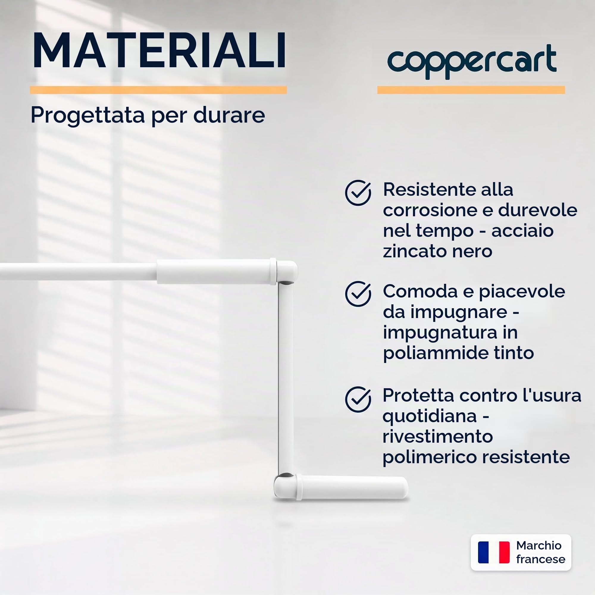 Manovella completa per persiana avvolgibile 1300 mm - E618D - Acciaio laccato bianco, diametro esterno 12 mm, con impugnatura ergonomica e clip di fissaggio a parete - Qualità francese