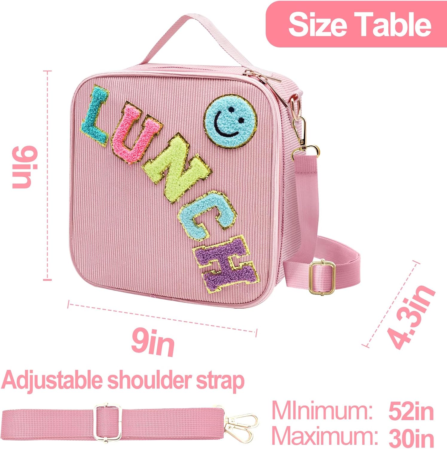 Insulated Lunch Bag With Adjustable Shoulder Strap, Cute Corduroy Preppy Lunch Box Large Insulated Lunch Bag Reusable Lunch Tote Bag with Smiley Preppy LunchBag for Girls School Travel Picnic (Pink) - Image 5