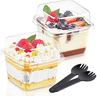 Vista 1 de Kucoele Paquete de 50 Tazas de Postre de Plástico de 8 oz con Tapas y Sporks, Tazas Cuadradas Transparentes para Pasteles, Recipientes de Postre