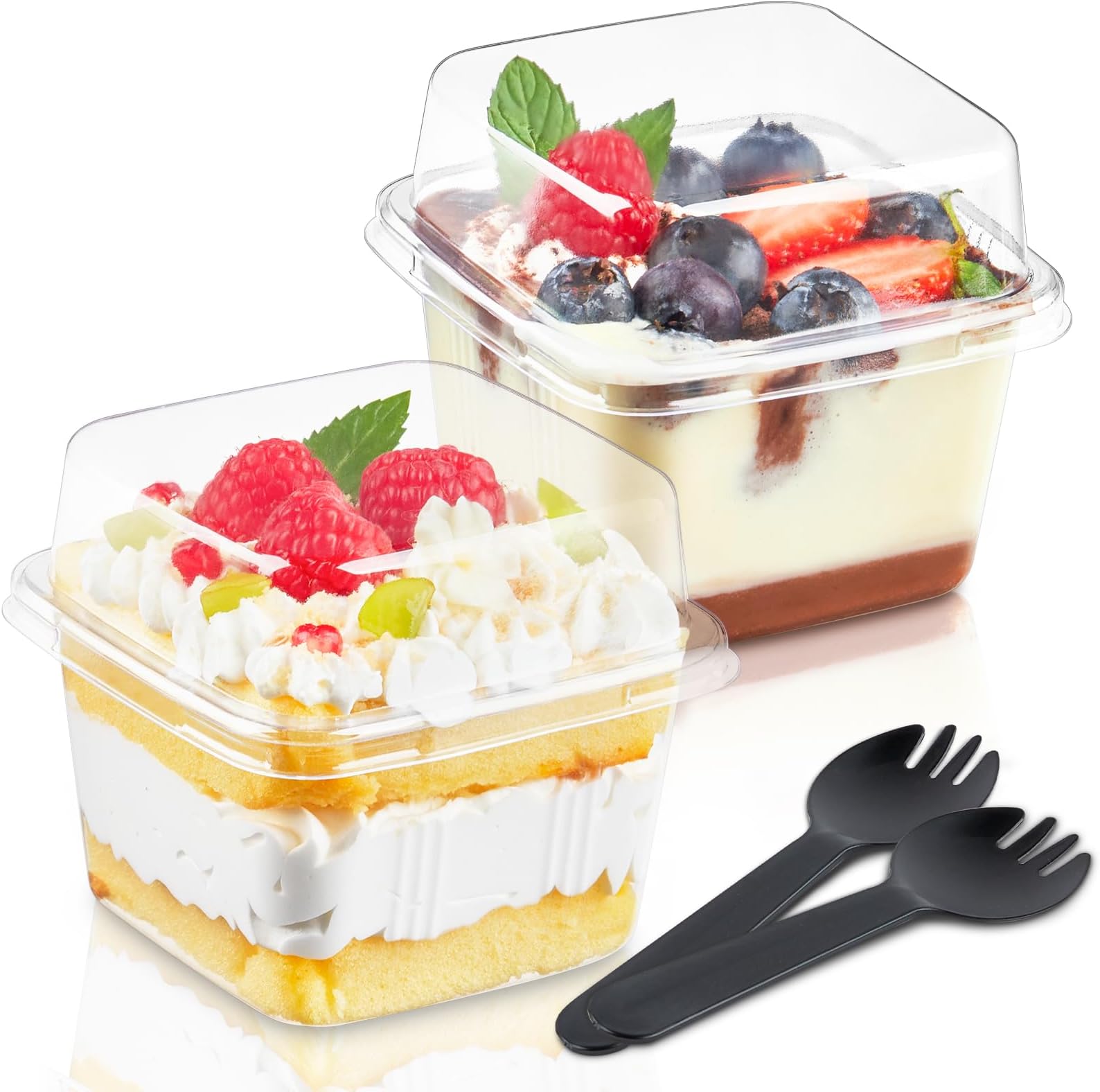 Kucoele 50 Pack 8 oz Plastic Dessert Cups with Lids and Sporks, Clear Square Cake Cups Dessert Containers for Pudding Parfait Fruit Yogurt and Shortcake