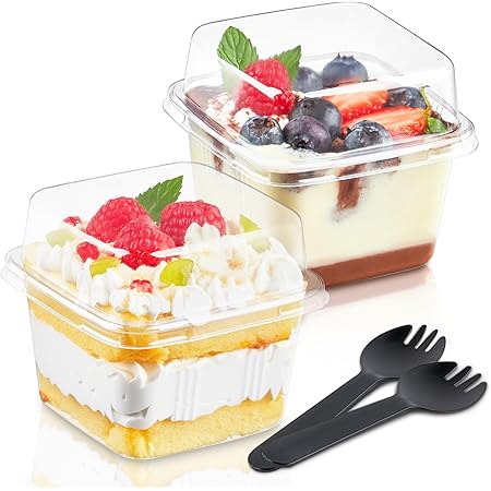 Kucoele 50 Pack 8 oz Square Plastic Dessert Cups with Lids