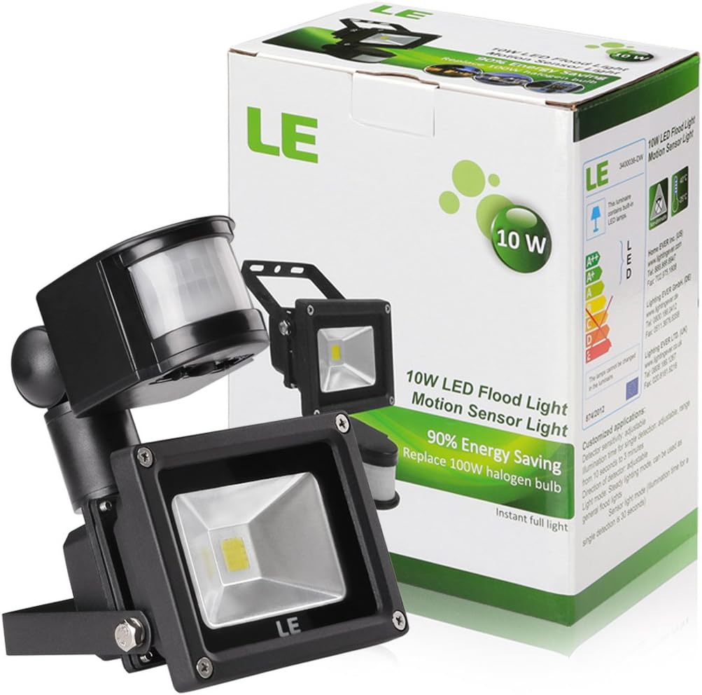 MJIYA 10W Motion Sensor Flood, 100W Halogen Equivalent, Daylight White, 6000K, Waterproof LED Security Light, High Output 700lm, PIR Floodlight, Black