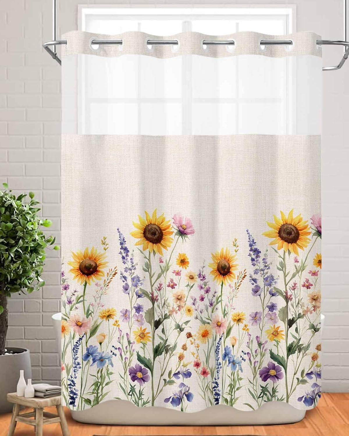 Spring Sunflowers No Hook Shower Curtain with Snap in Liner Waterproof Fabric Shower Curtain Set for Bathroom Vintage Floral Farmhouse Flowers Beige Shower Curtain with See Through Top Window 60"x72"