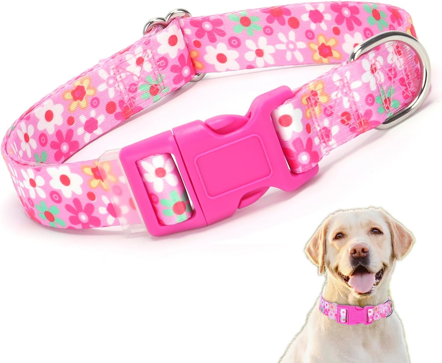 Pink Dog Collars for Small Dogs, Pretty Flower Pattern Design Quick Release Buckle Soft Nylon Girl Puppy Collars Adjustable for Xs Small Medium Large Pet Female Dogs Cats, Spring-Floral S