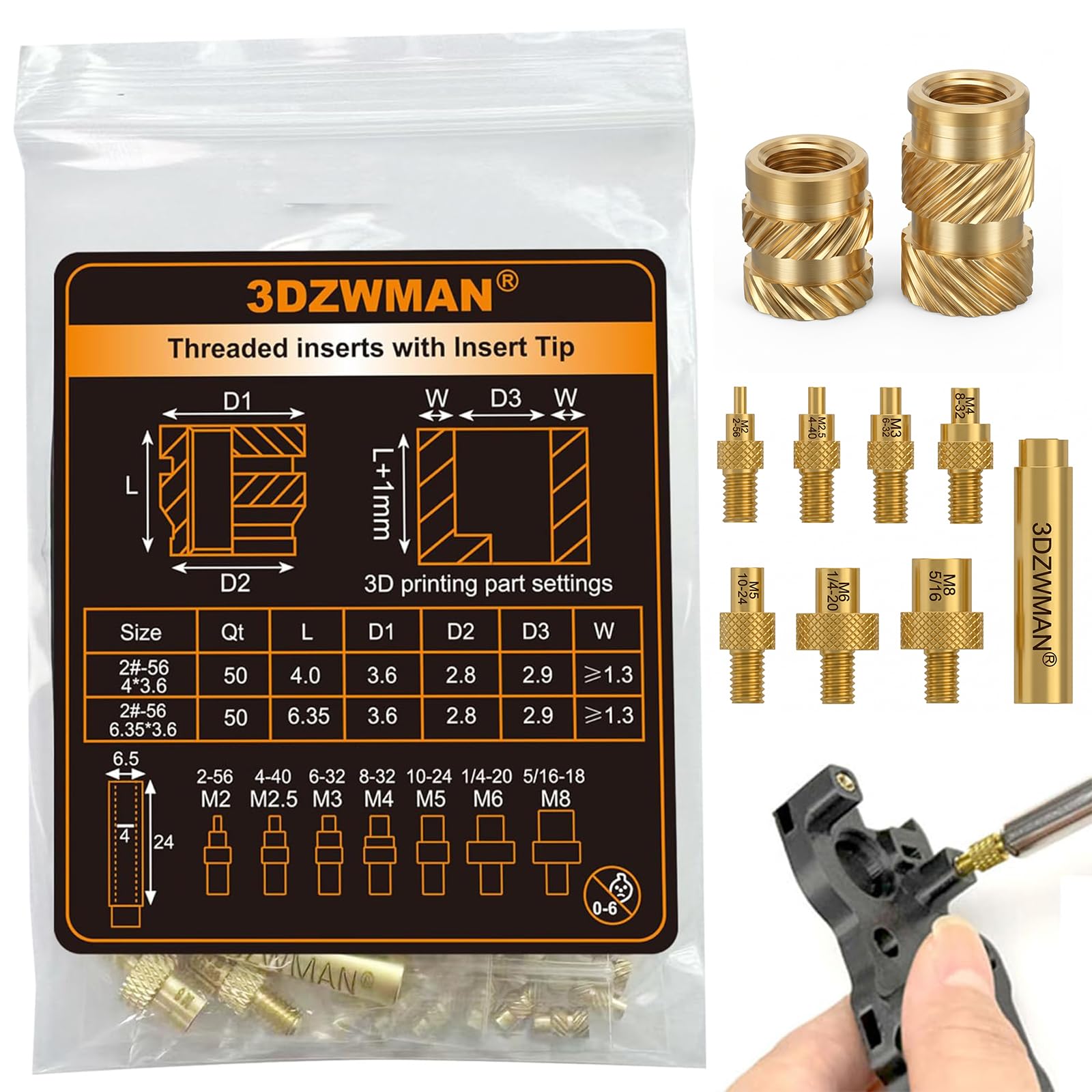 3DZWMAN 100PCS #2-56 Threaded Inserts for 3D Printed and Plastic Parts