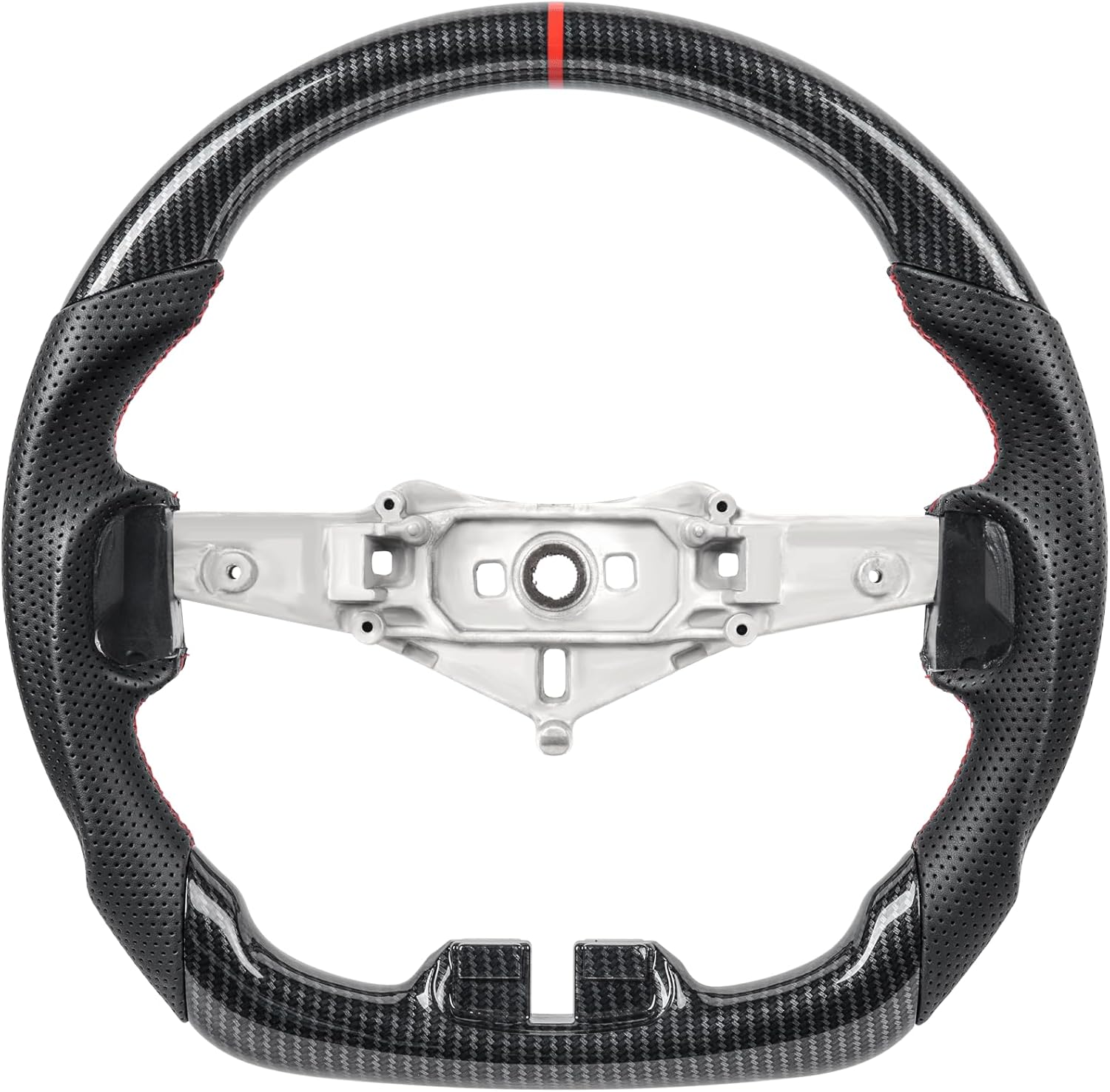 Hydro-Dip Carbon Fiber Steering Wheel for Jeep Wrangler JK JKU 2011-2017, Sport Sahara Rubicon Willys, Red Stripe & Stitching Flat Bottom Perforated Black Leather Sport Grip