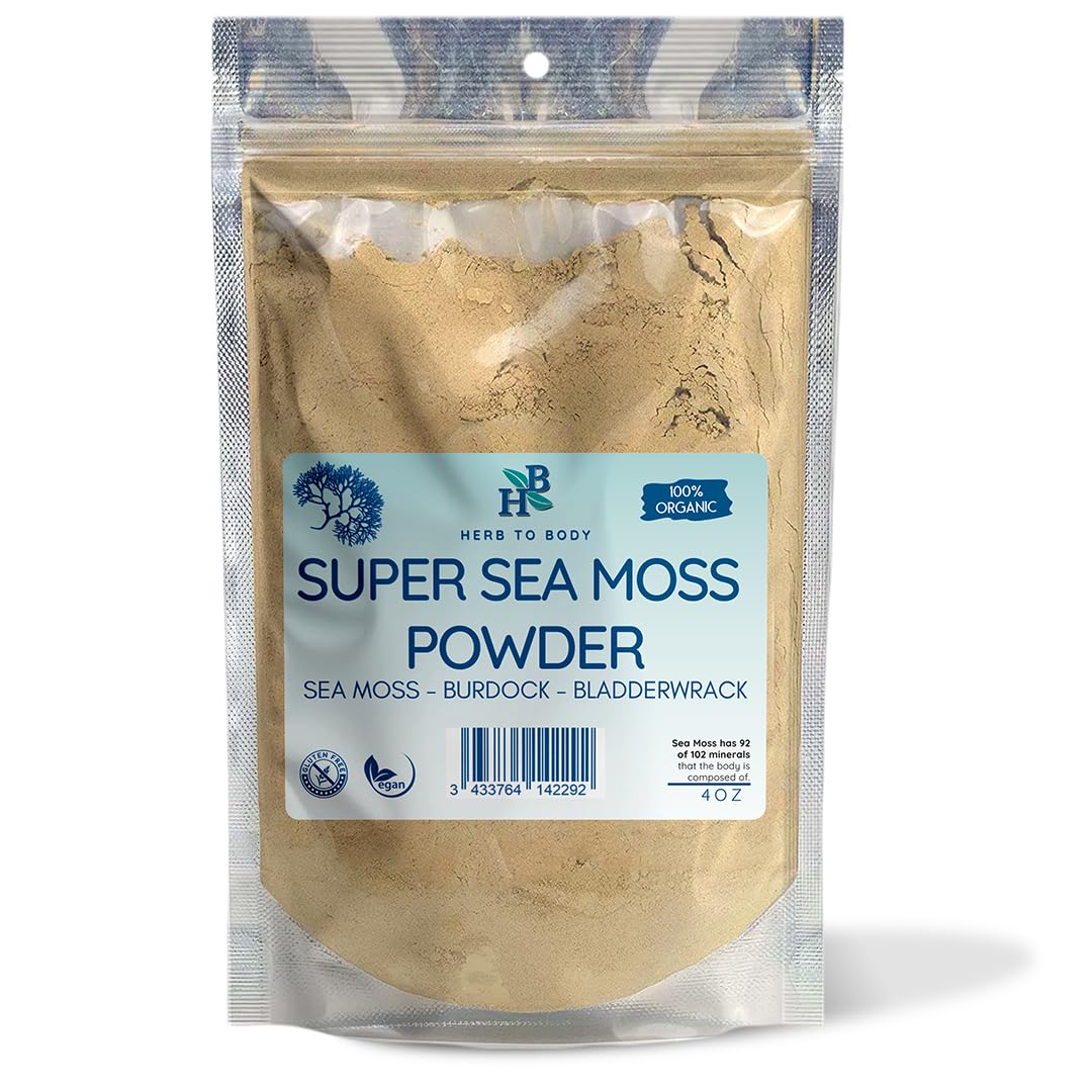 Herb To Body Super Sea Moss Powder - with Bladderwrack and Burdock Root - Vegan - Gluten Free - 4oz