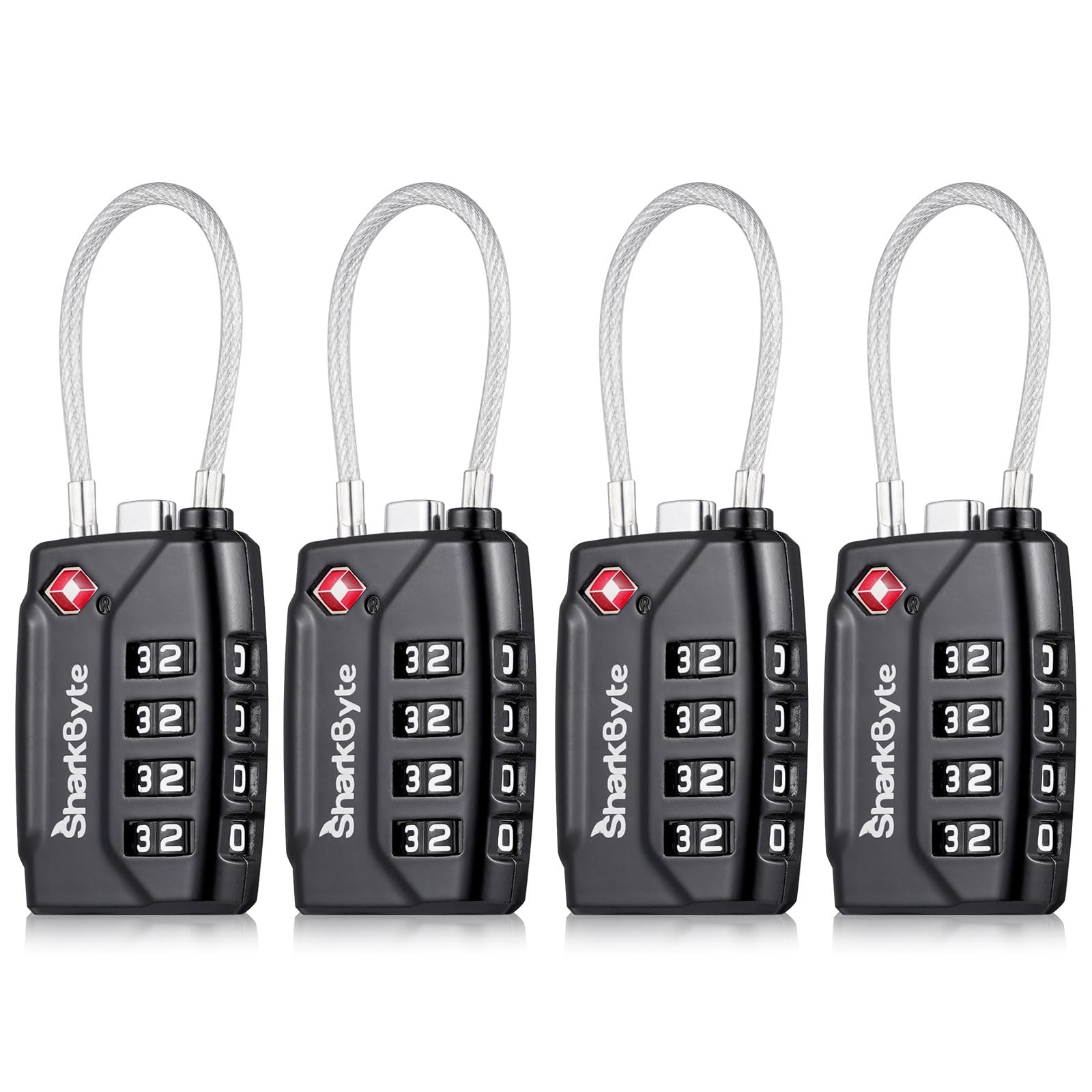 Sharkbyte Black Tsa Suitcase Locks - 4-Dial Security Travel Combination Padlock, Flexible Cable Travel Lock For Suitcases Luggage Case Travel Bag Gym Locker Code Small Padlock (Pack Of 4)
