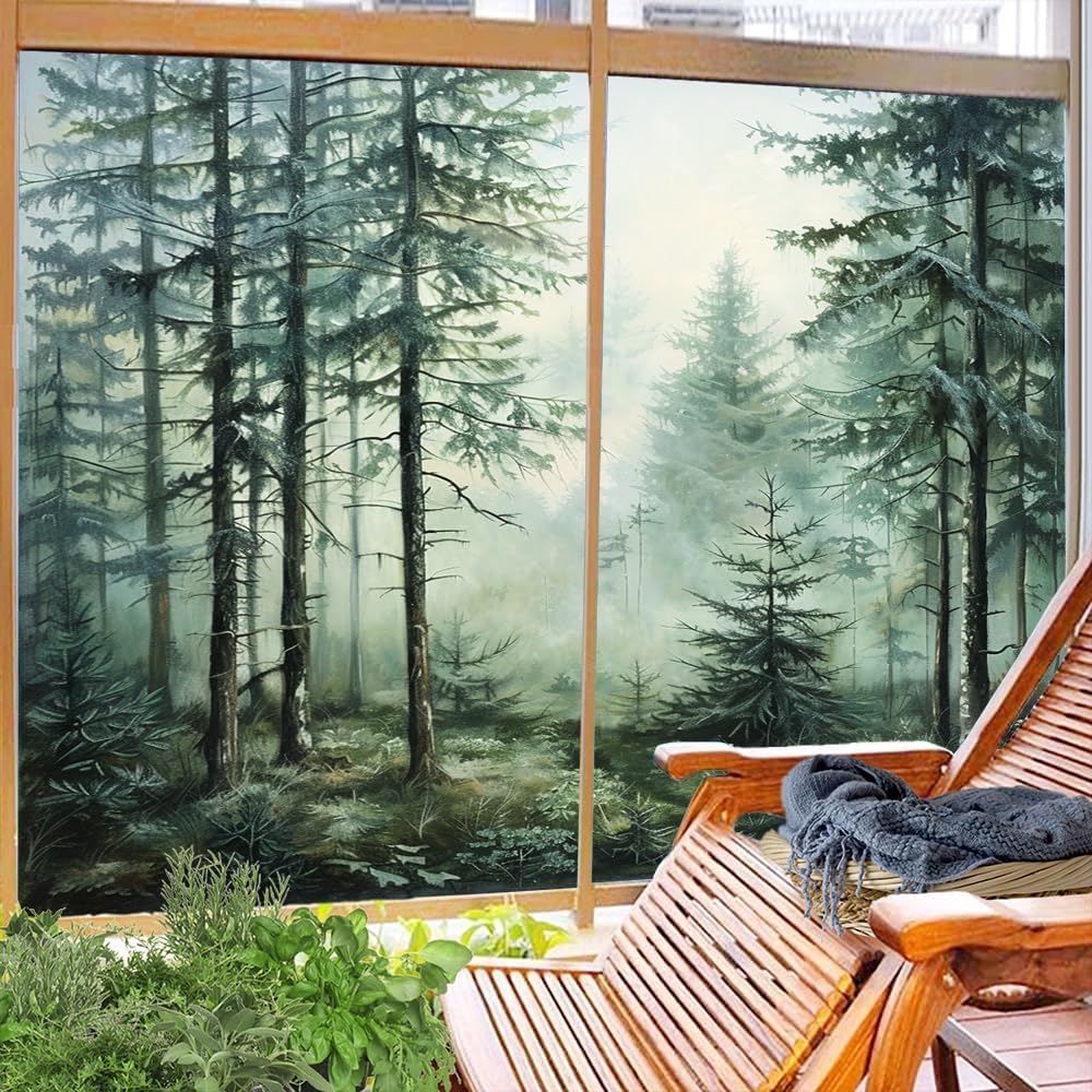 Vintage Forest Frosted Window Privacy Film, Misty Trees Nature Landscape Rustic House Window Film Adhesive Glass Coverings for Bathroom Home Decorative 17.7Wx23.6L-inch x2 Pcs
