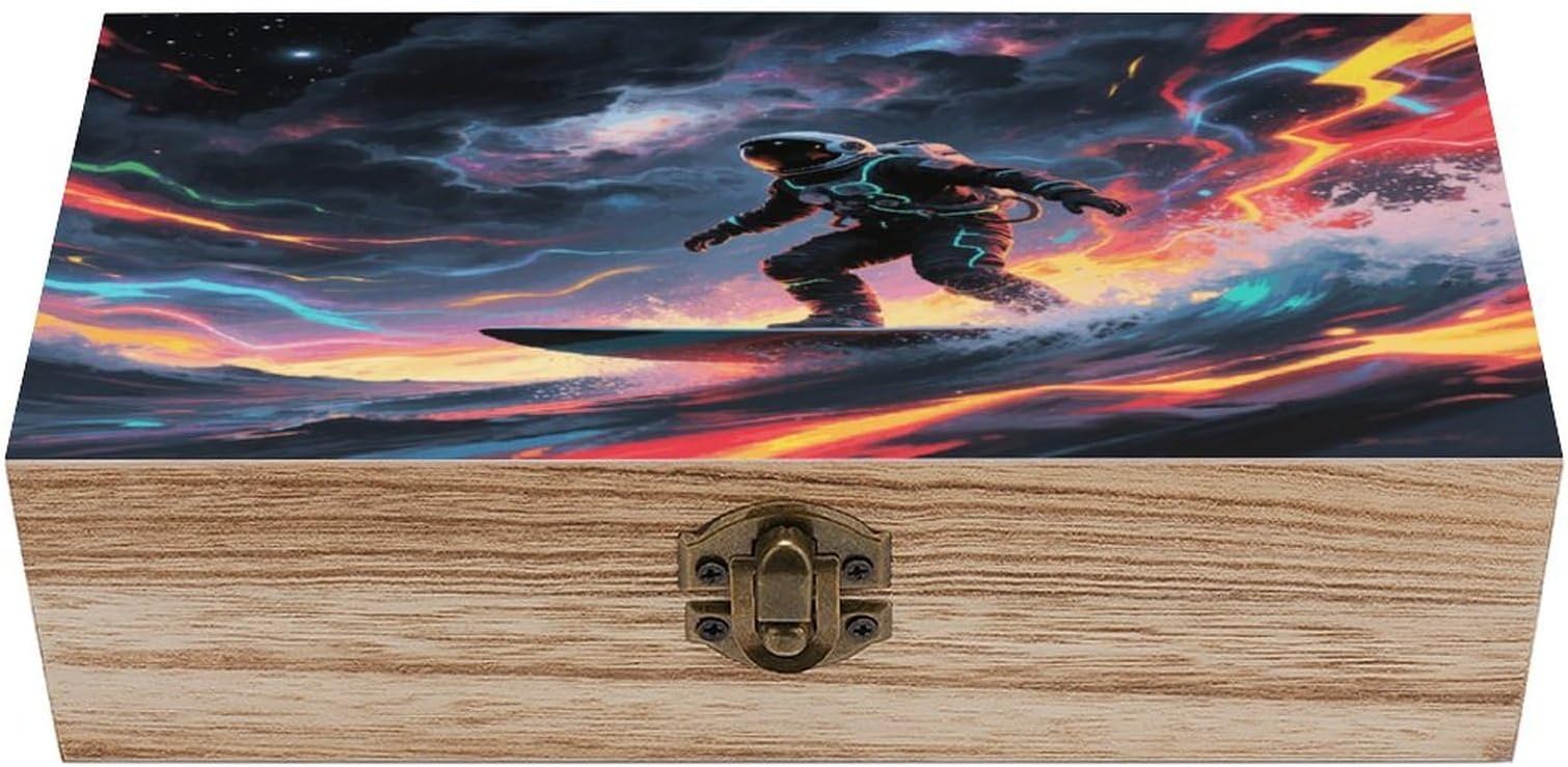 Astronaut Star Surfing Storage Box Rectangular Wooden Decorative Case Large Capacity Jewelry Boxes with Lock Vintage Keepsake Organizer for Photos Pearl Trinkets Crafts