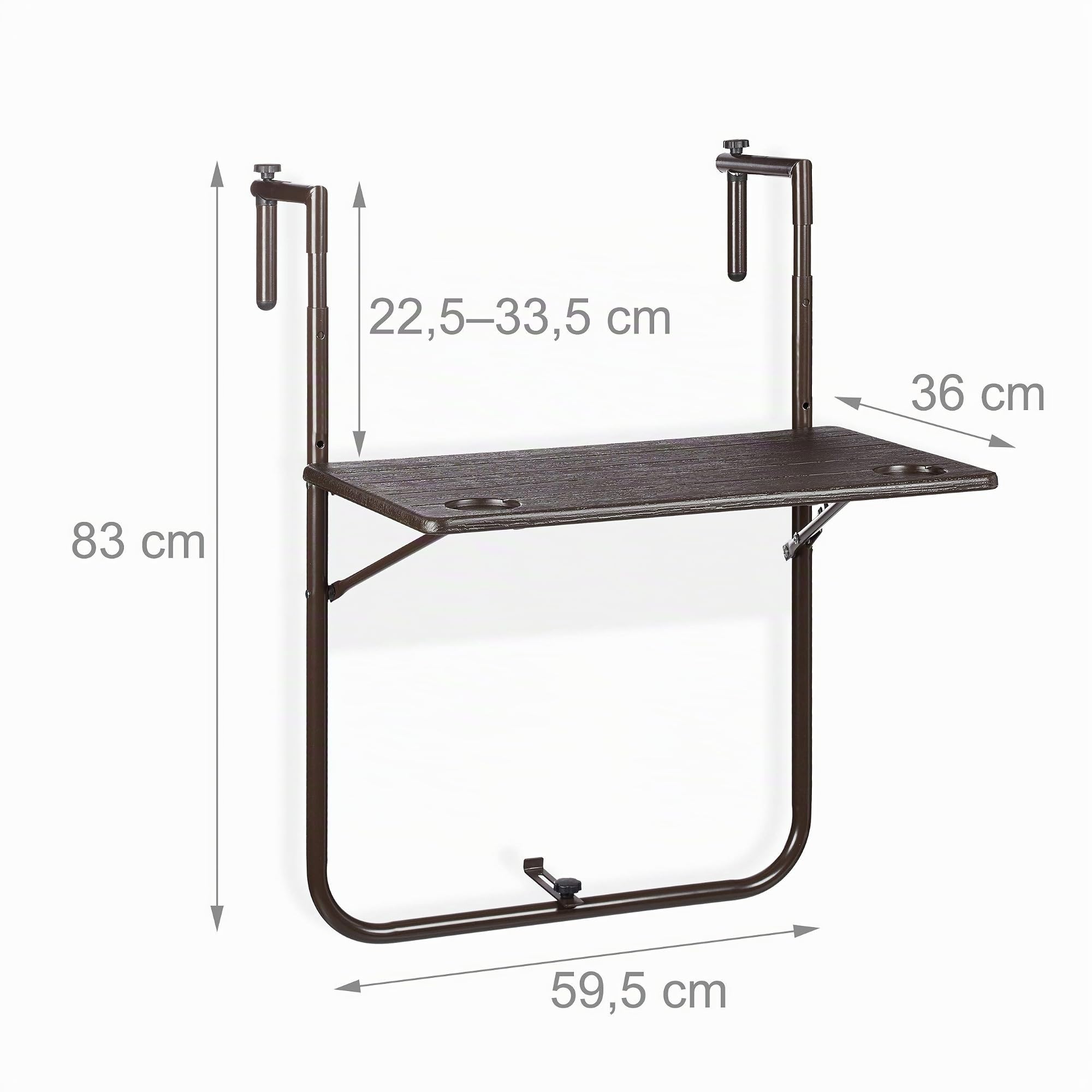 Relaxdays Tavolino Pieghevole Balcone, Tavolo da Appendere Ringhiera Altezza Regolabile Resistente Intemperie, Marrone
