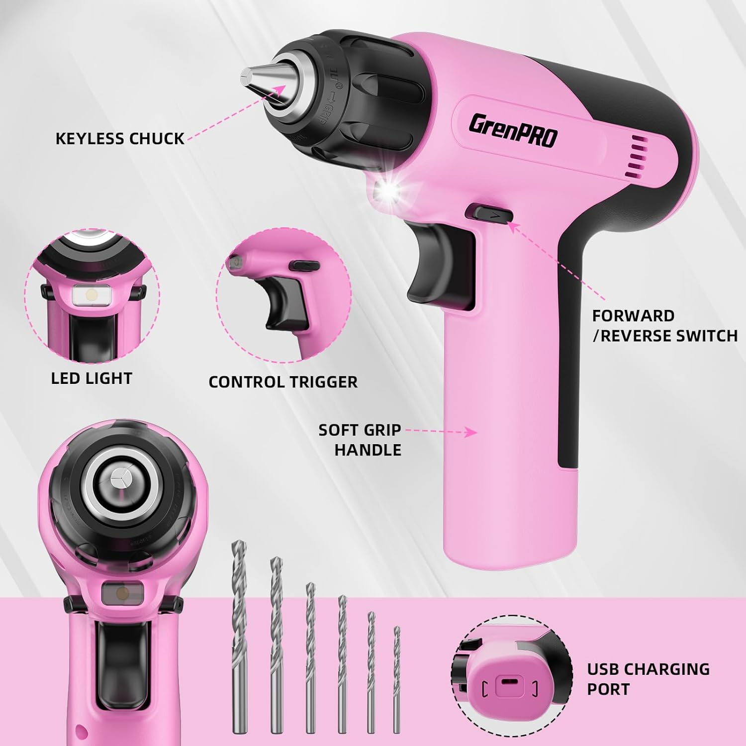 GRENPRO Pink Tool Set Drill Set, 188PCS Tool Kit For Home with Pink Cordless Drill Power, Hand Tool Kit for Women, Basic Household Auto Car Repair Tool Box for Men, Portable Storage Box Tools Sets