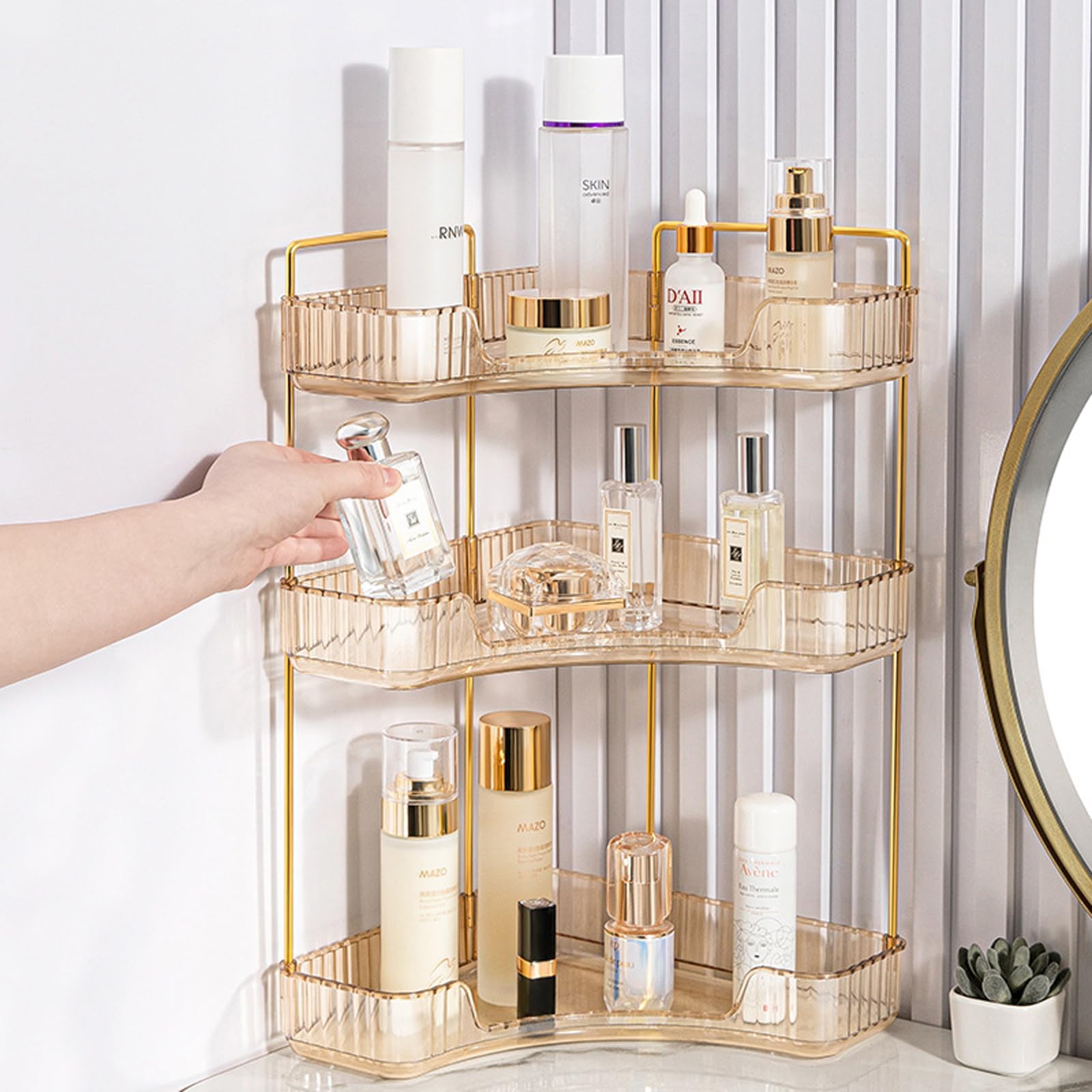 3 Tiers 90° Corner Bathroom Countertop Organizer, Vanity Trays for bathroom Counter, Makeup Organizer, Perfume Tray, Kitchen Spice Rack Countertop organizers for Bath room, Kitchen, Dresser(Amber)