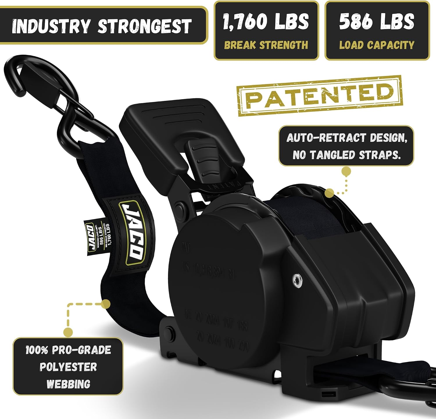 JACO Retractable Ratchet Straps - 1 in x 15 ft (4-Pack) (1,760lbs Break Strength) | Auto Self Retracting Cargo Tie Down Strap Set (Black)