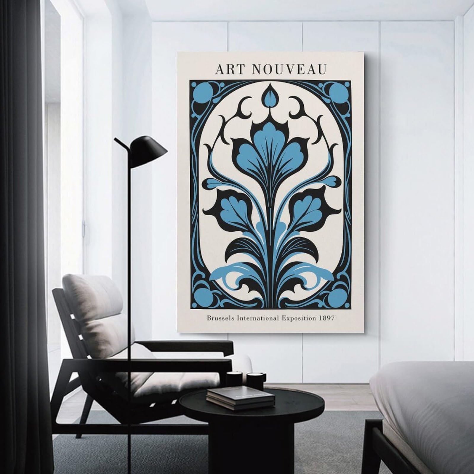 Junmoney Blue Floral Art Nouveau Canvas Wall Art, 24x36inch(60x90cm), for Bedroom, Guest Room Or Reading Nook, Decorative Wall Art for Cosy Rooms