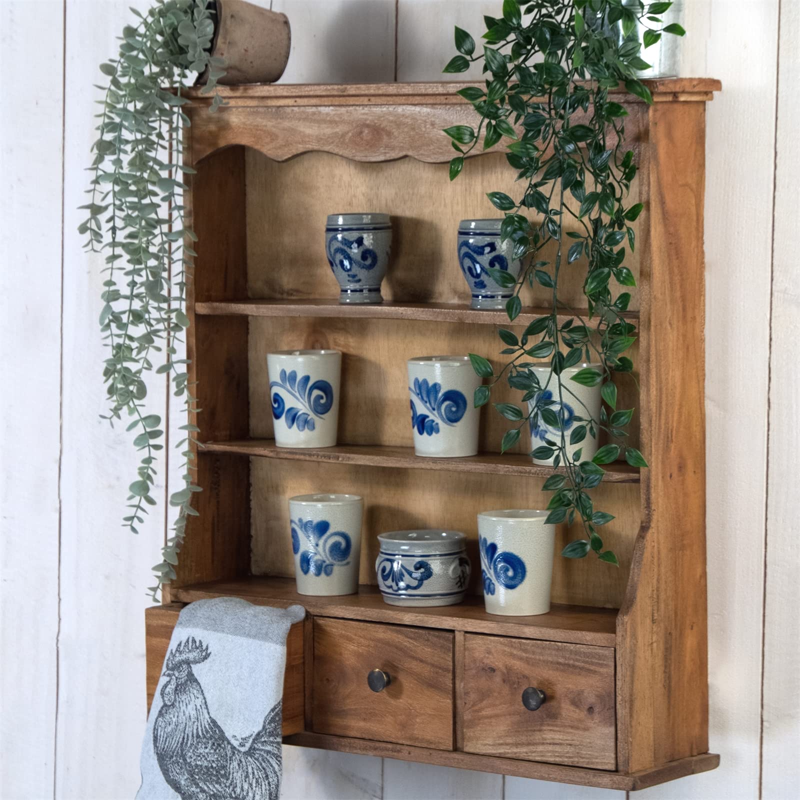 WANDPLANK Granja | met laden en haken, mahoniehout, 47x40 cm | Keukenplank, houten plank, wandkast