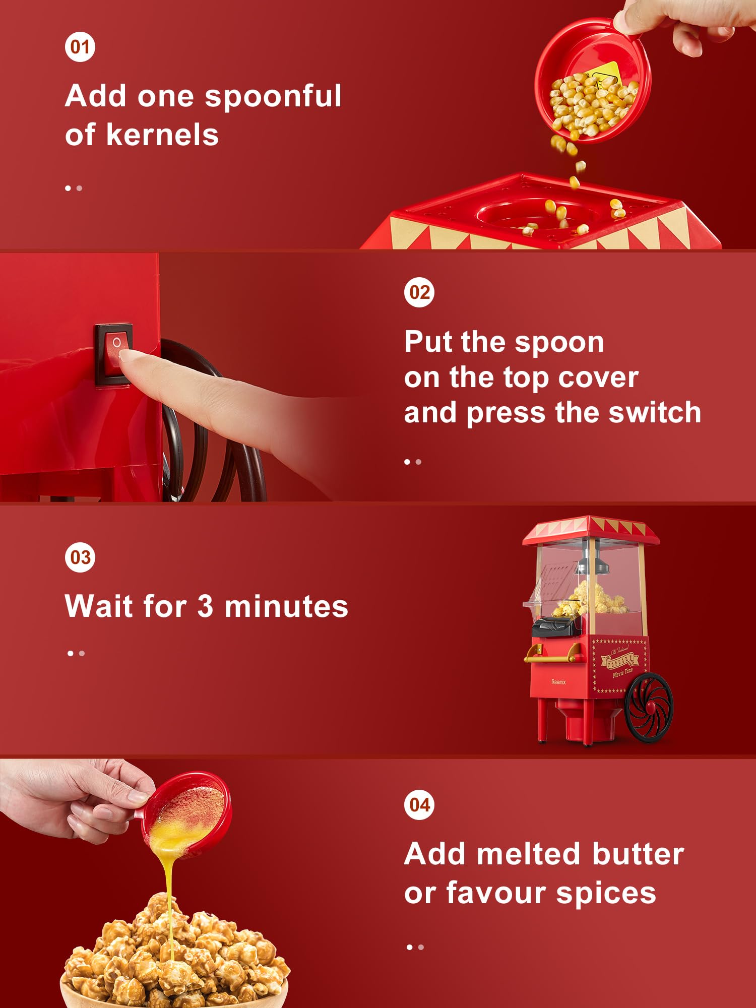 Popcornmaschine, Reemix Popcorn Maker für Zuhause, 2 Minuten schnelles,Fat Free,Oil-Free, leistungsstarke 1200 Watt, Für Fußballabend und Weihnachtsfeiern