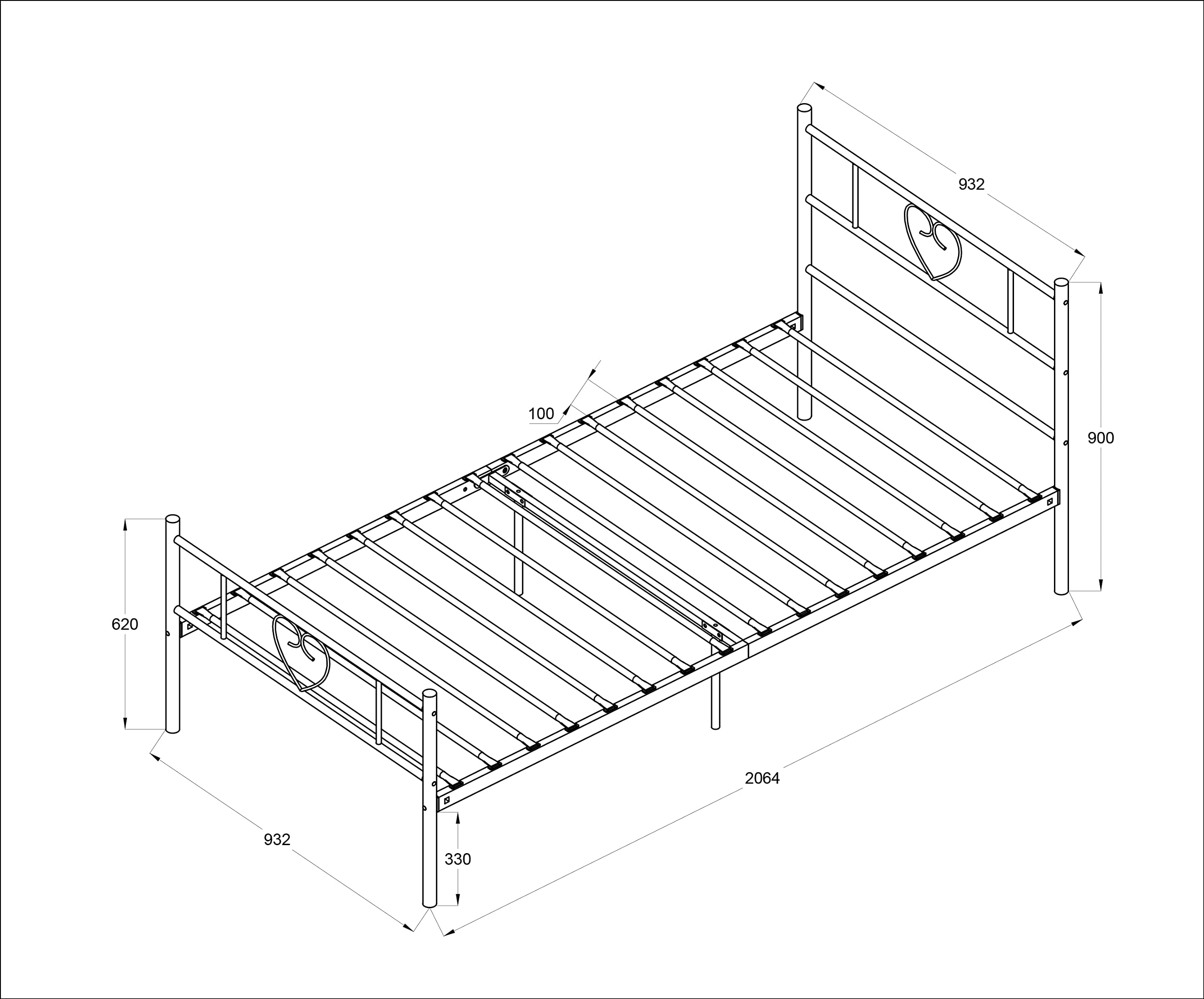 Lit Simple Cadre de lit en métal avec Tête de Lit en Forme de Coeur pour Matelas de 90 x 200 cm, pour Les Invité, Enfants ou Adultes, Noir