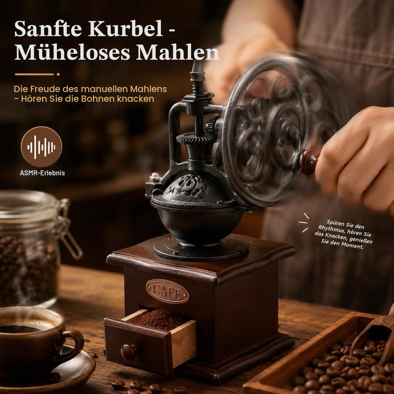 Zerodis Manuelle Kaffeemühle, Retro-Stil, Handkurbel, Holz, Keramik, Gusseisen, Mühle für Kaffeebohnen, Gewürze, Pfeffer, Getreide, Vintage-Dekoration