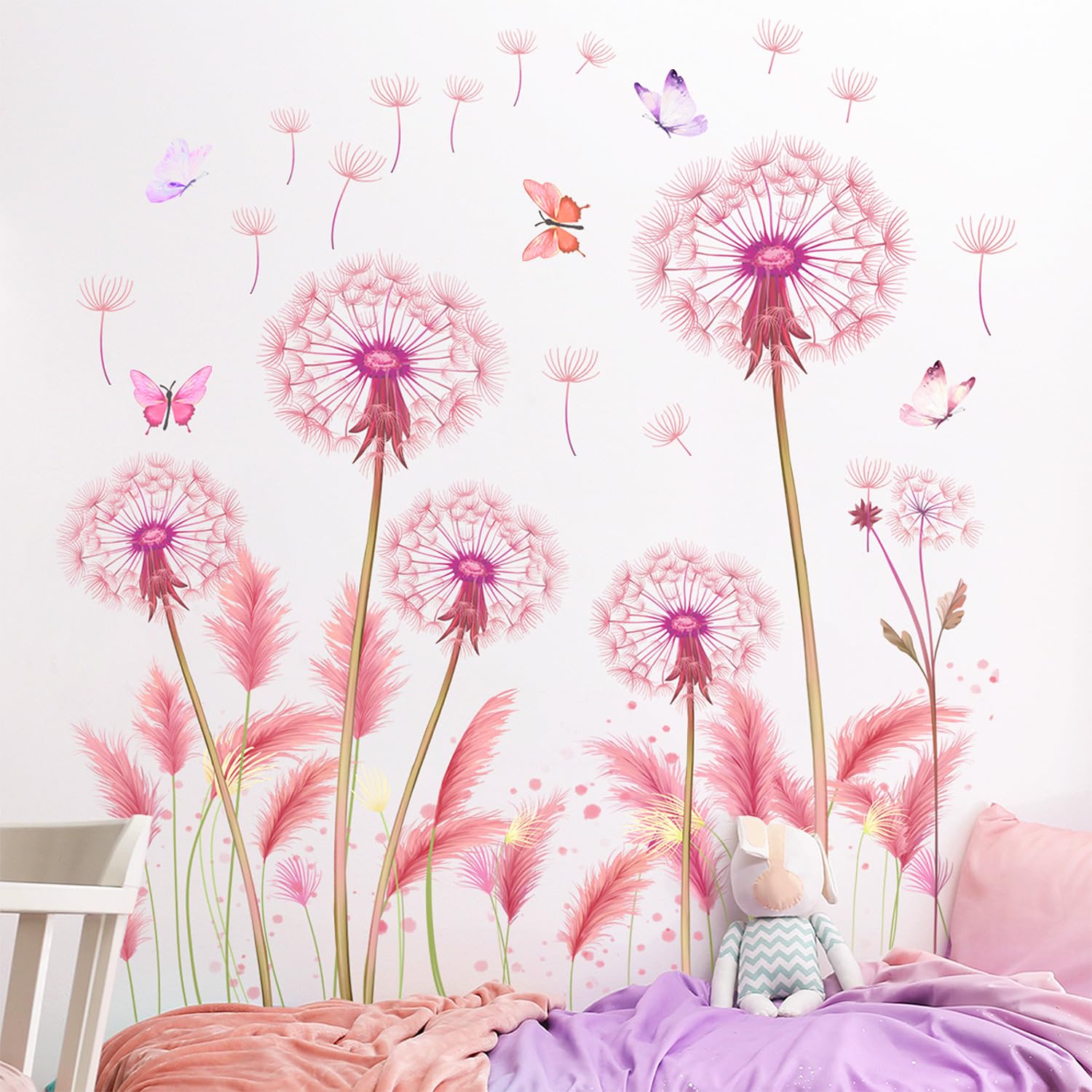 LiveGallery Large Watercolor Flowers Wall Decals Pink Red Floral Wall Stickers Removable DIY 3D Peel and Stick Butterfly Wall Art Decor for Kids