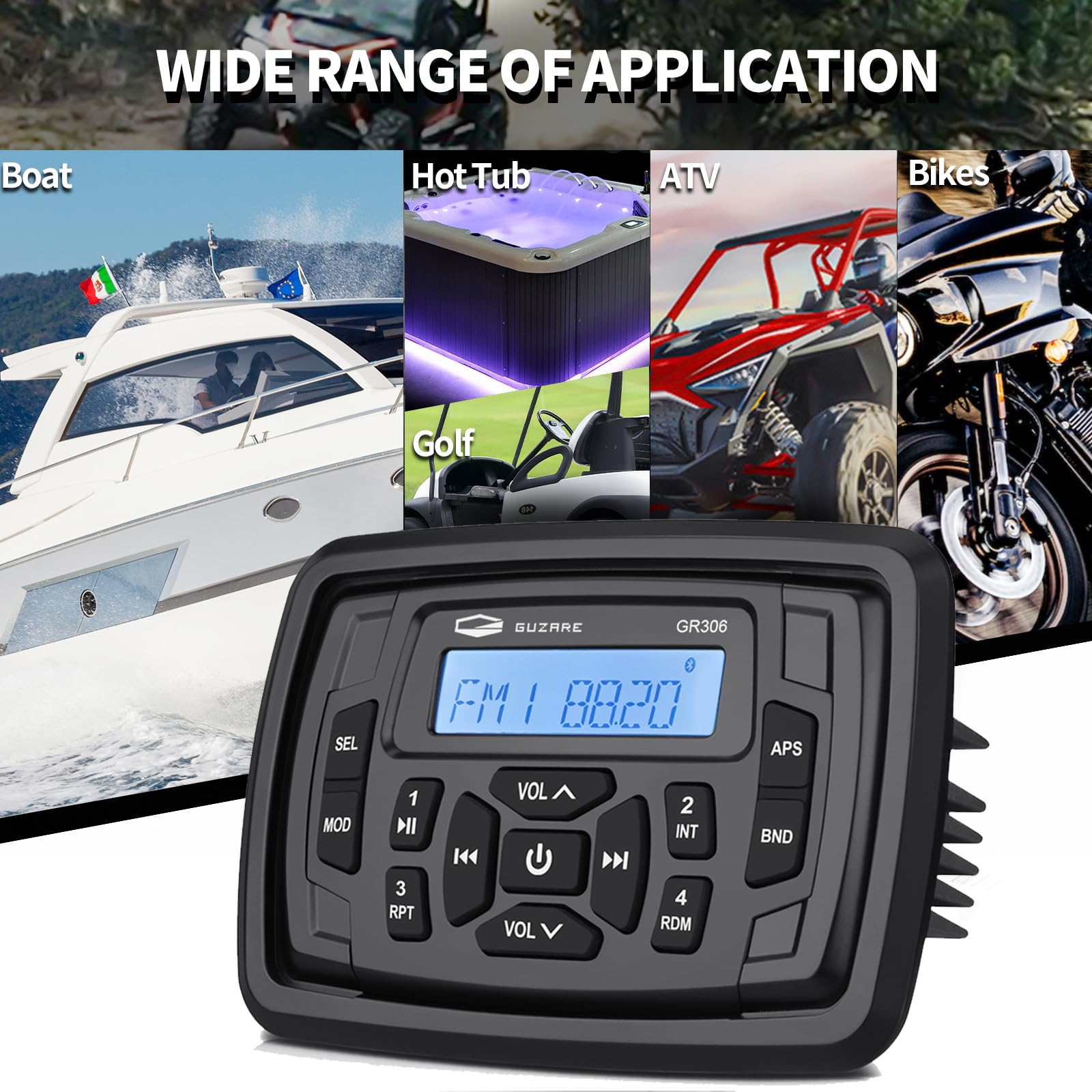 Guzare Bluetooth Car FM Radio Marine Stereo Receiver Compatible with 4 Inches Waterproof Marine Speakers for Golf Cart UTV ATV Motorcycle Boat Heavyduty Powersports Car Vehicles