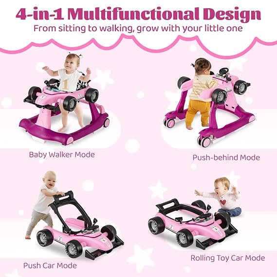 GLACER Foldable Baby Walker, 4-in-1 Infant Walker with Adjustable Height & Speed, Music, Light, Steering Wheel & Washable Cushion, Baby Walker Activity Center for Boys Girls 6 18 Months (Purple)