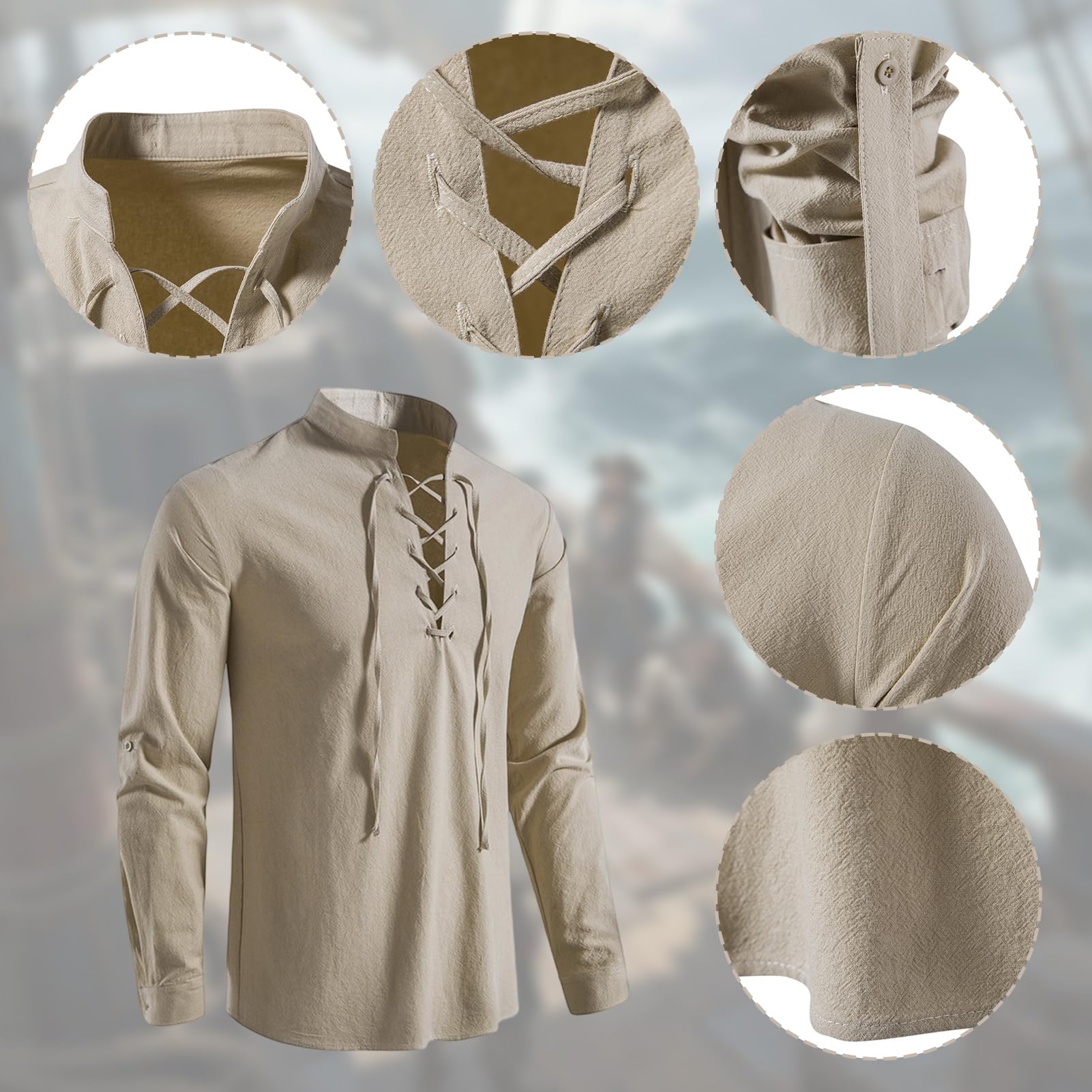Meriviva 7 PCS Pirate Costume Adult Men Set including Medieval Shirt Trousers Bandana Belt Eye Patch Necklaces Bracelets - Image 2