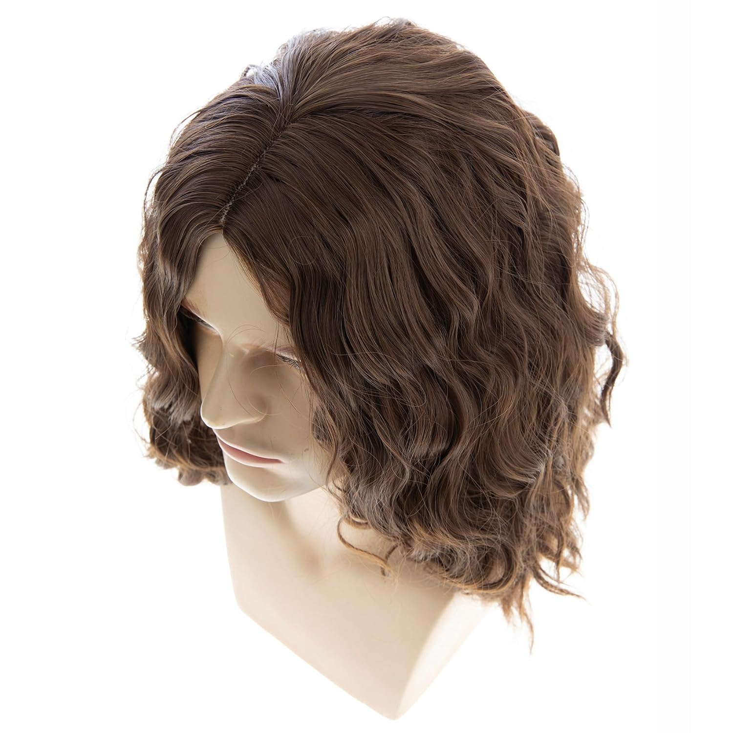 Mens Wig Mid Length Brown Wavy Wig Synthetic Rocker Hair for 80s 90s Party Cosplay