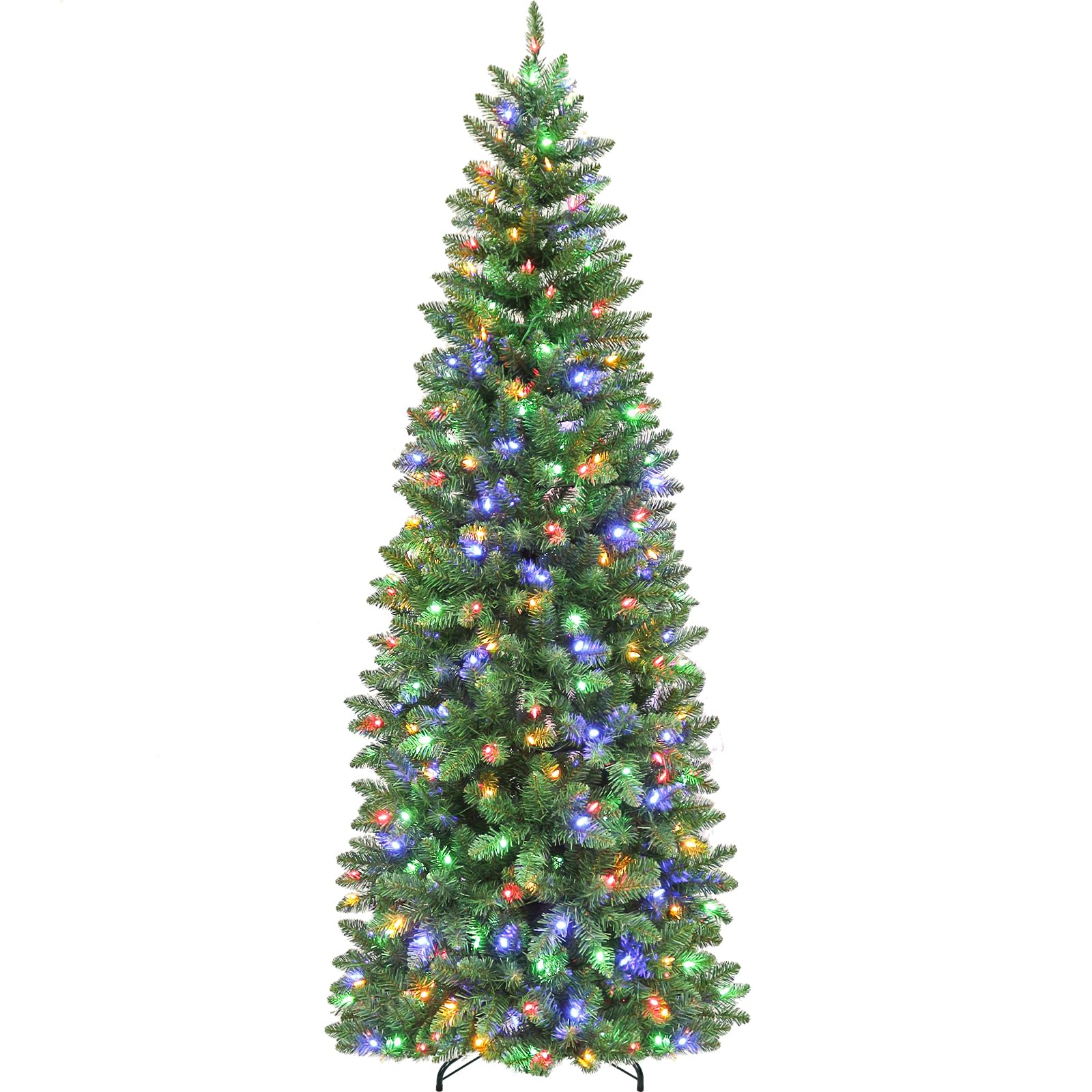 Hykolity 7.5 ft Prelit Artificial Pencil Slim Christmas Tree, Hinged Flocked Christmas Tree with 300 Multicolor LED Lights and Metal Stand, 792 PVC Branch Tips, 10 Color Modes