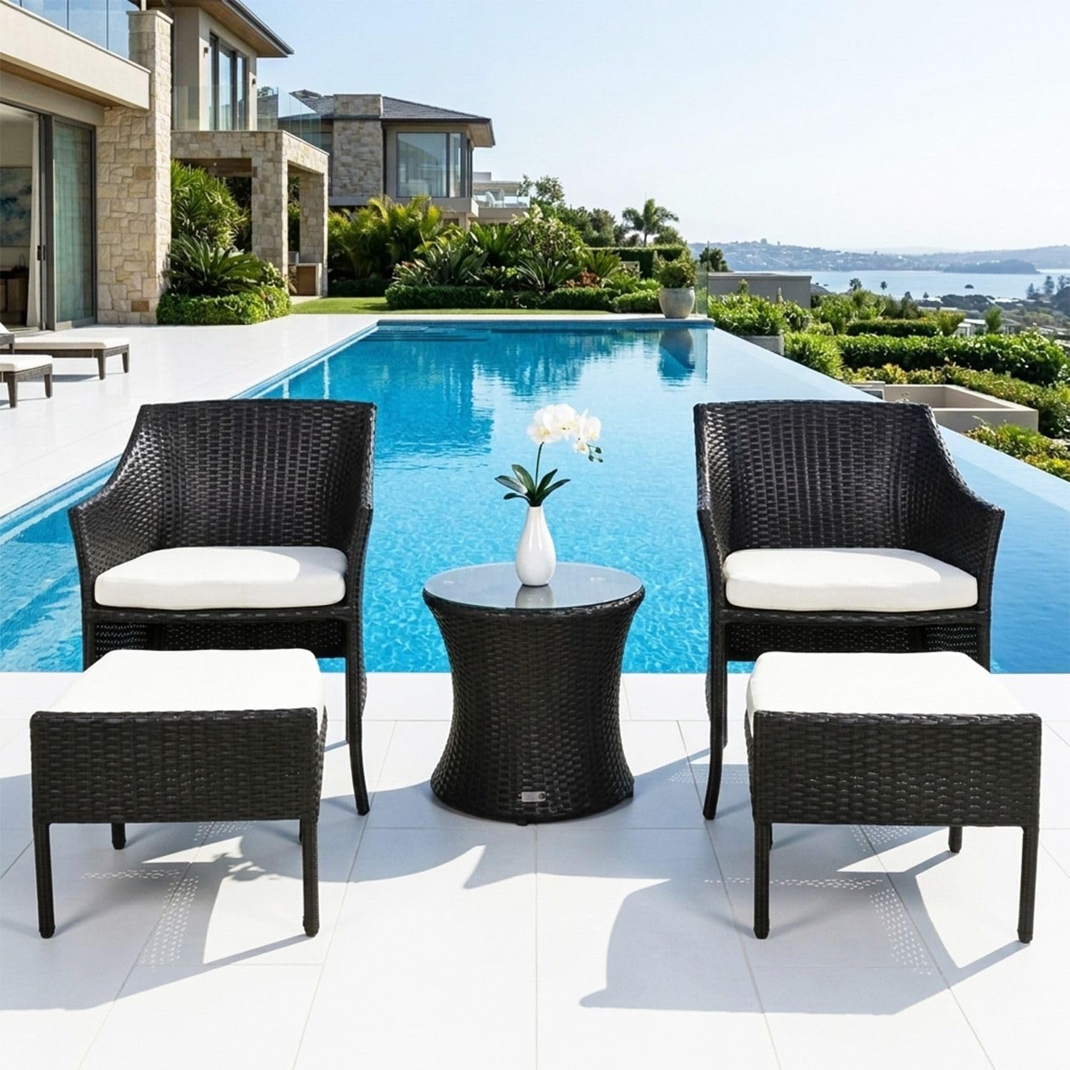 DEVOKO Outdoor Wicker 5 Piece Patio Waterproof Balcony Furniture All Weather Bistro Set with Glass Top Table & Ottomans for Garden, Backyard, Lawn(Black & Off-White)