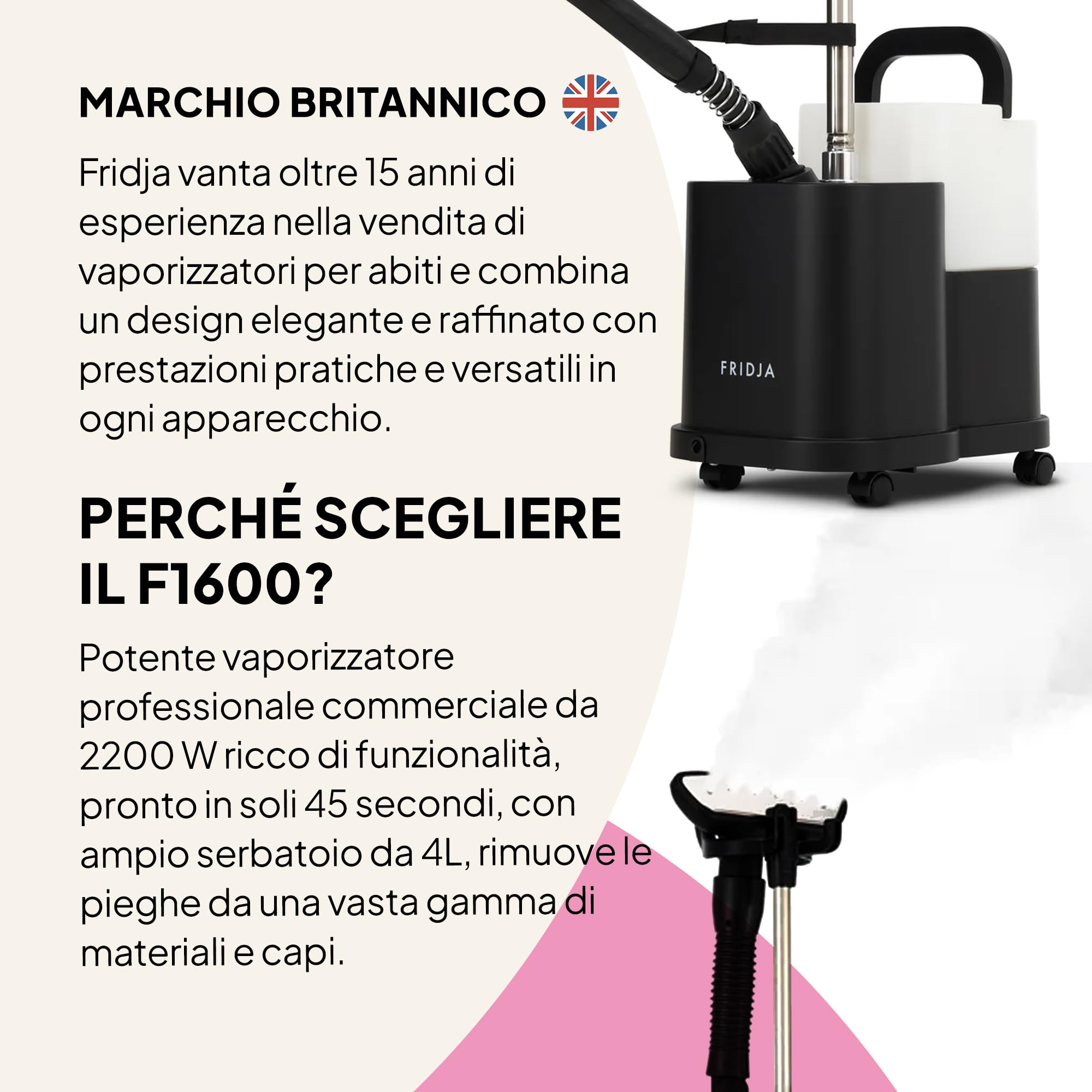 Fridja f1600 Stiratrice a vapore commerciale 2200W – Potente vaporizzatore professionale con doppio livello di vapore e serbatoio da 4L – Per tutti i tessuti – Nero opaco