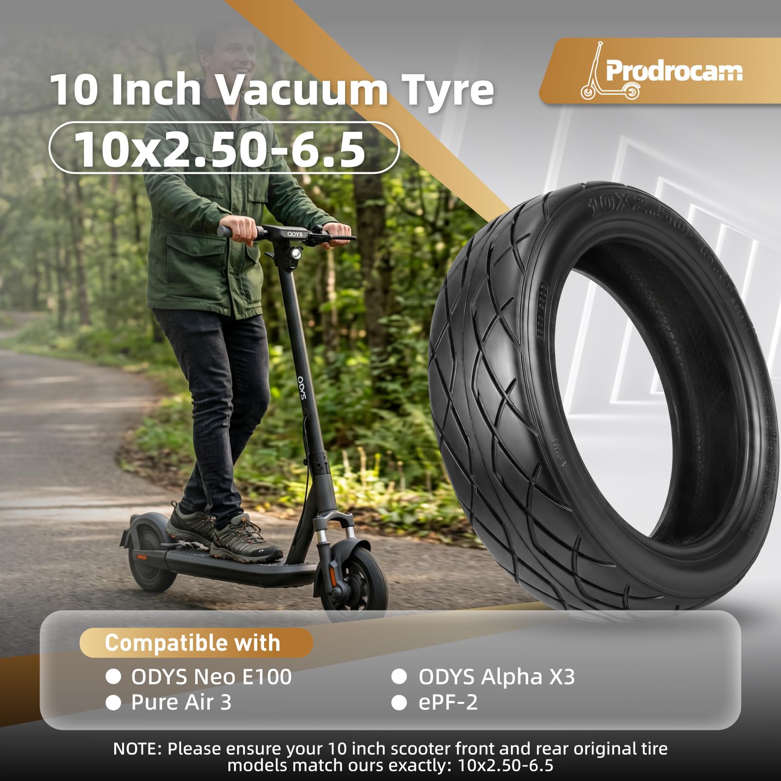 10 x 2,50 – 6,5 E Scooter Tubeless ODYS Neo E100, pneumatici di ricambio 10 pollici, vuoto, anteriore/posteriore, con valvola