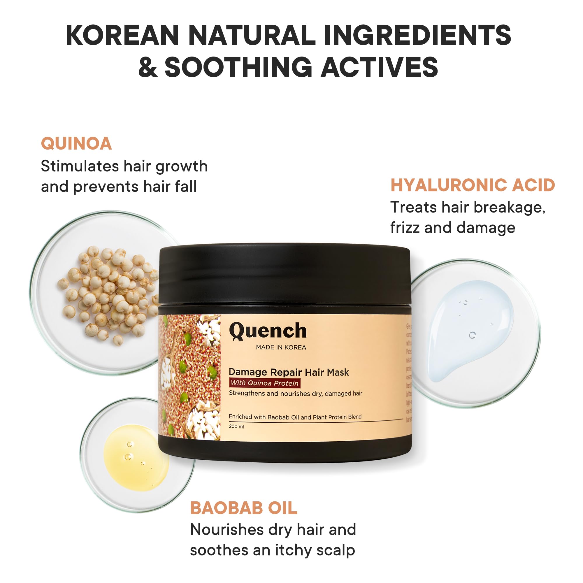 Quench Damage Repair Hair Mask with Quinoa Protein & Ceramides Cream | Restores Dry & Damaged Hair | Strengthens Hair and Adds Shine | Made in Korea (200Ml) - Image 3 thumbnail