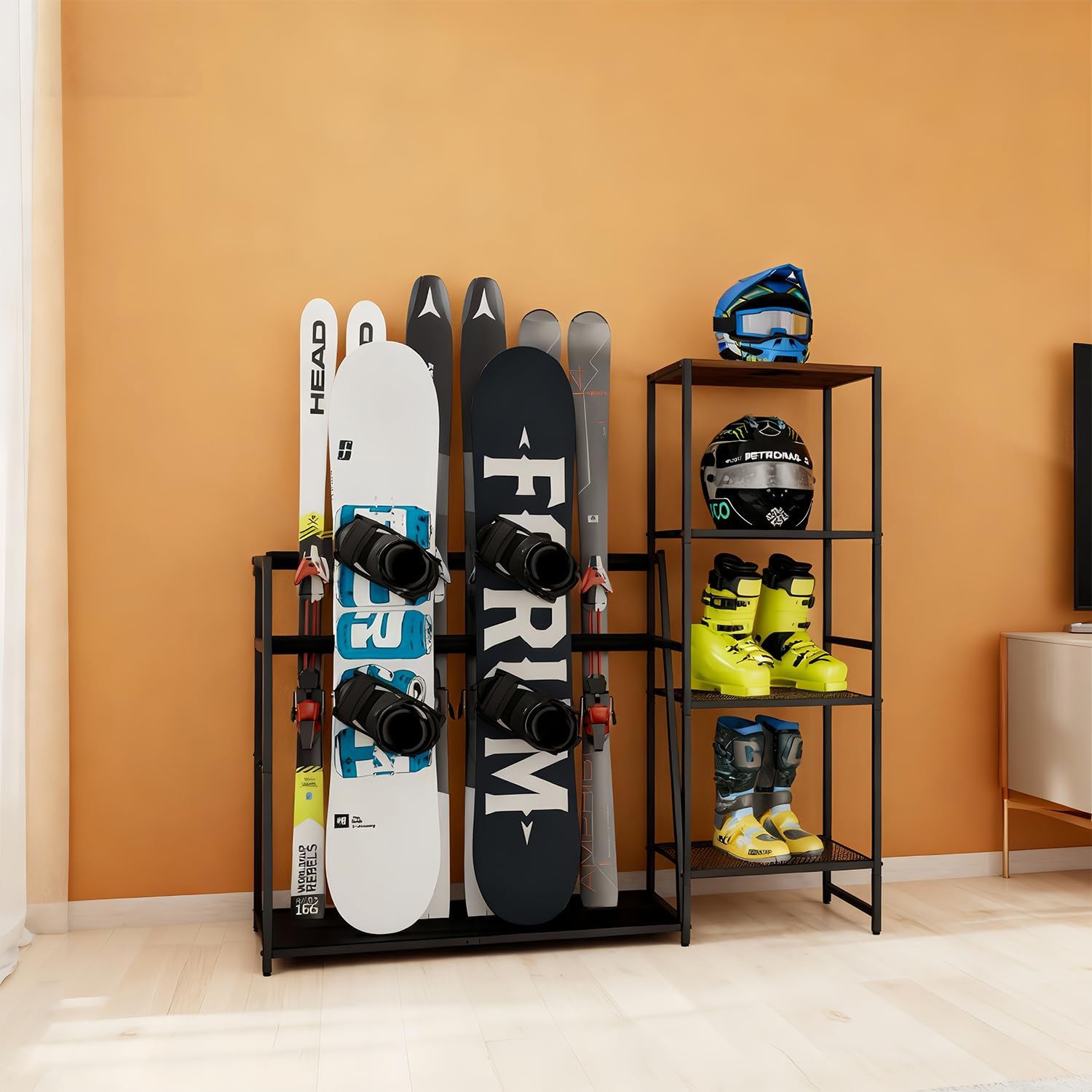 Freestanding Snowboard Rack - Stores 4 Pair Ski, 3 Pack Snowboard, Boot, Pole, Goggles, Helmet Rack for Garage, Shed, Basement