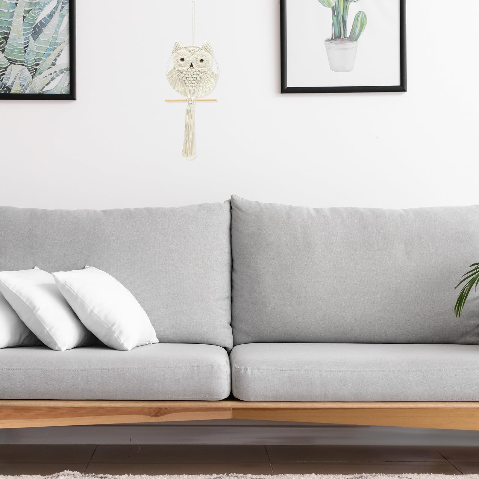 Boho Eule Makramee Wandbehang Tapisserie Handgemachte Baumwolle Seil Wanddekoration mit Quaste Anhänger, Leichter Stahl und Holzrahmen, für Wohnheim oder Raumdekoration