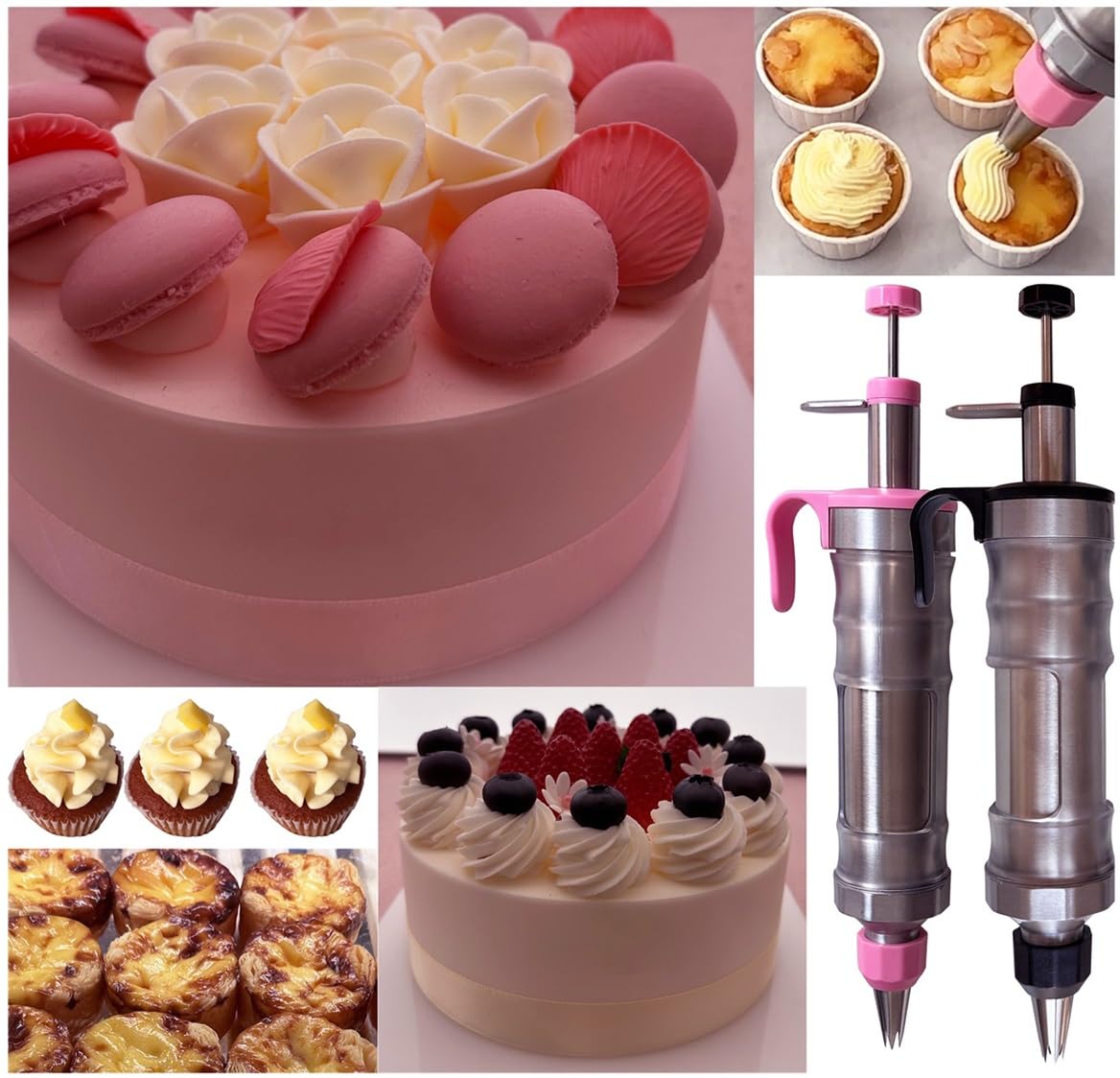 Juego de jeringas para decoración de postres, pistola para decoración de pasteles, kit de tuberías de glaseado de acero inoxidable, herramientas de decoración de pasteles (plata y rosa)