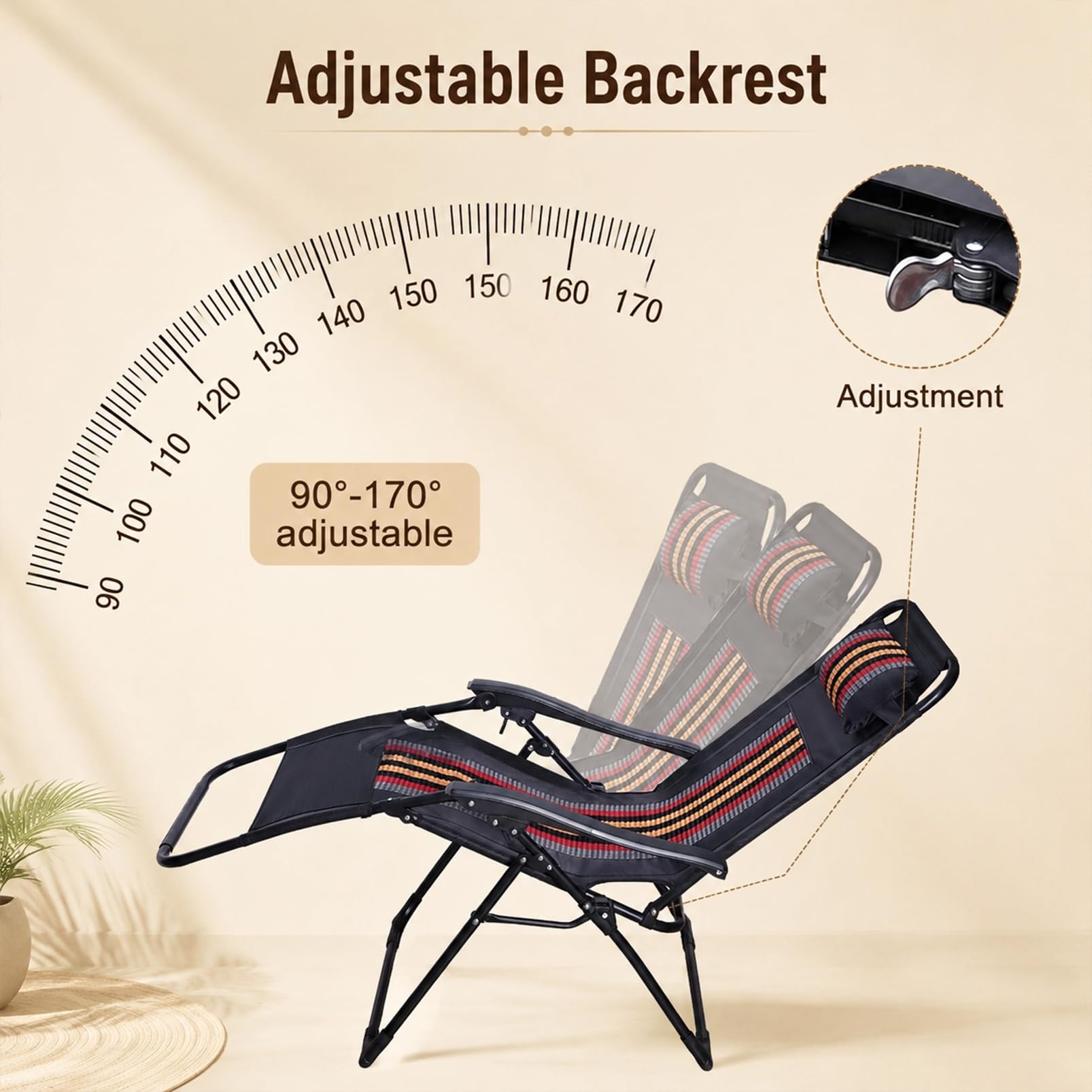 Sedia a sdraio pieghevole con cuscino per la schiena, ergonomica, schienale regolabile, per esterni, fino a 150 kg, sedia da giardino per giardino, piscina, balcone e terrazza (grigio-1 pezzo)