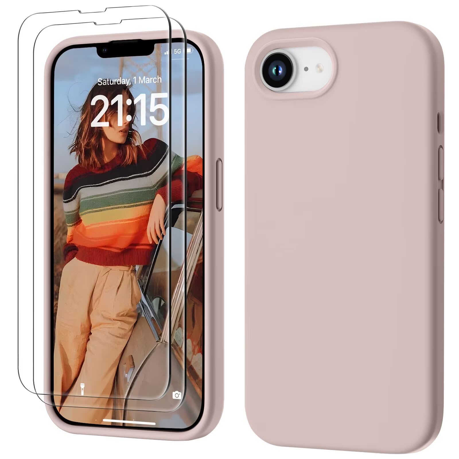 GOODVISH 3 in 1 Silicone Cover per iPhone 16e 6.1", Custodia con 2 Pellicola Vetro Temperato [Protezione Fotocamera] Protezione Anticaduta Case per Cellulare Antiurto Resistente, Rosa Sabbia